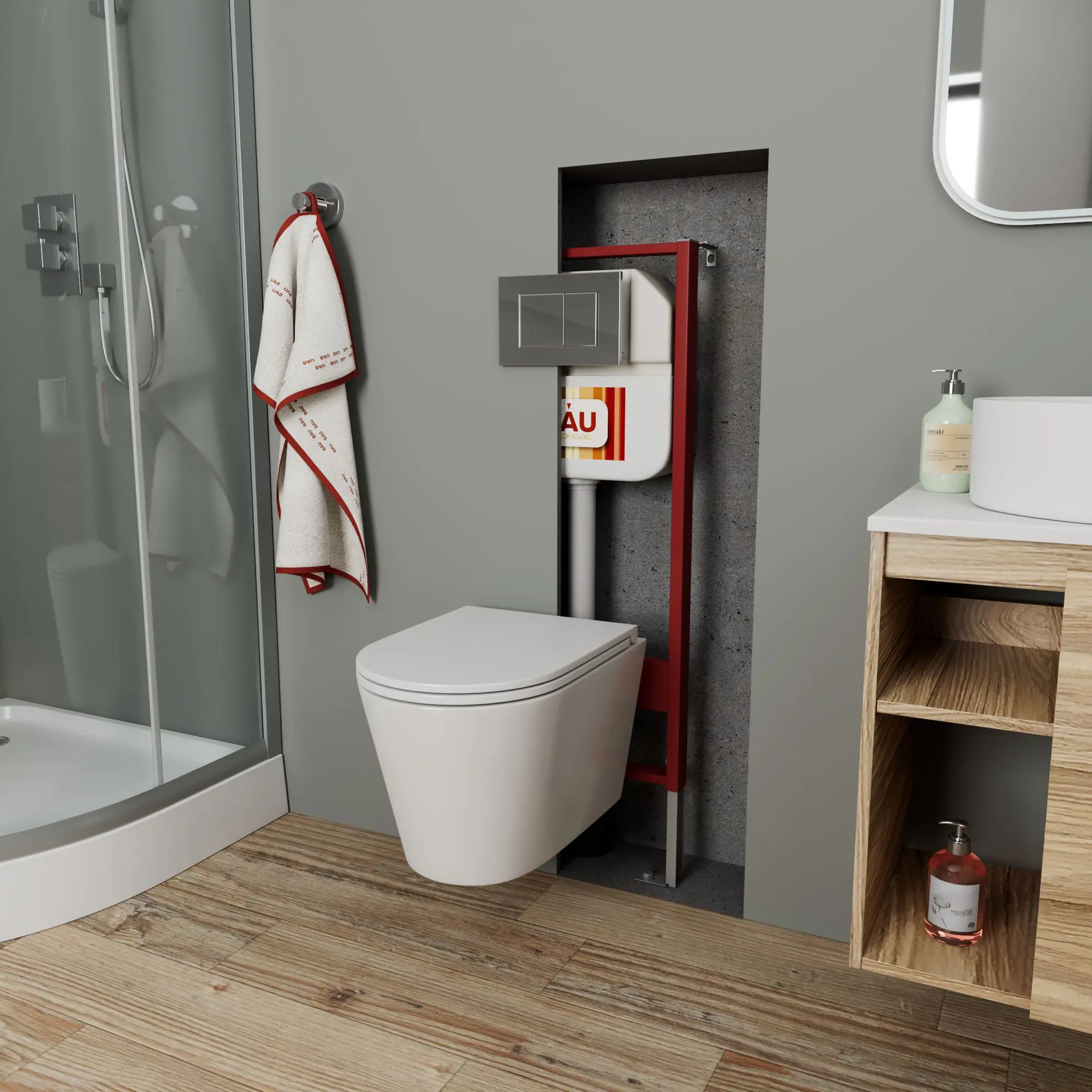 Изображение товара Комплект BAUEDGE NEO45700-BK0001-Q00002 6 в 1: инсталляция 45, унитаз безободковый Nimb 49x36 сиденье дюропласт, кнопка Stil, хром