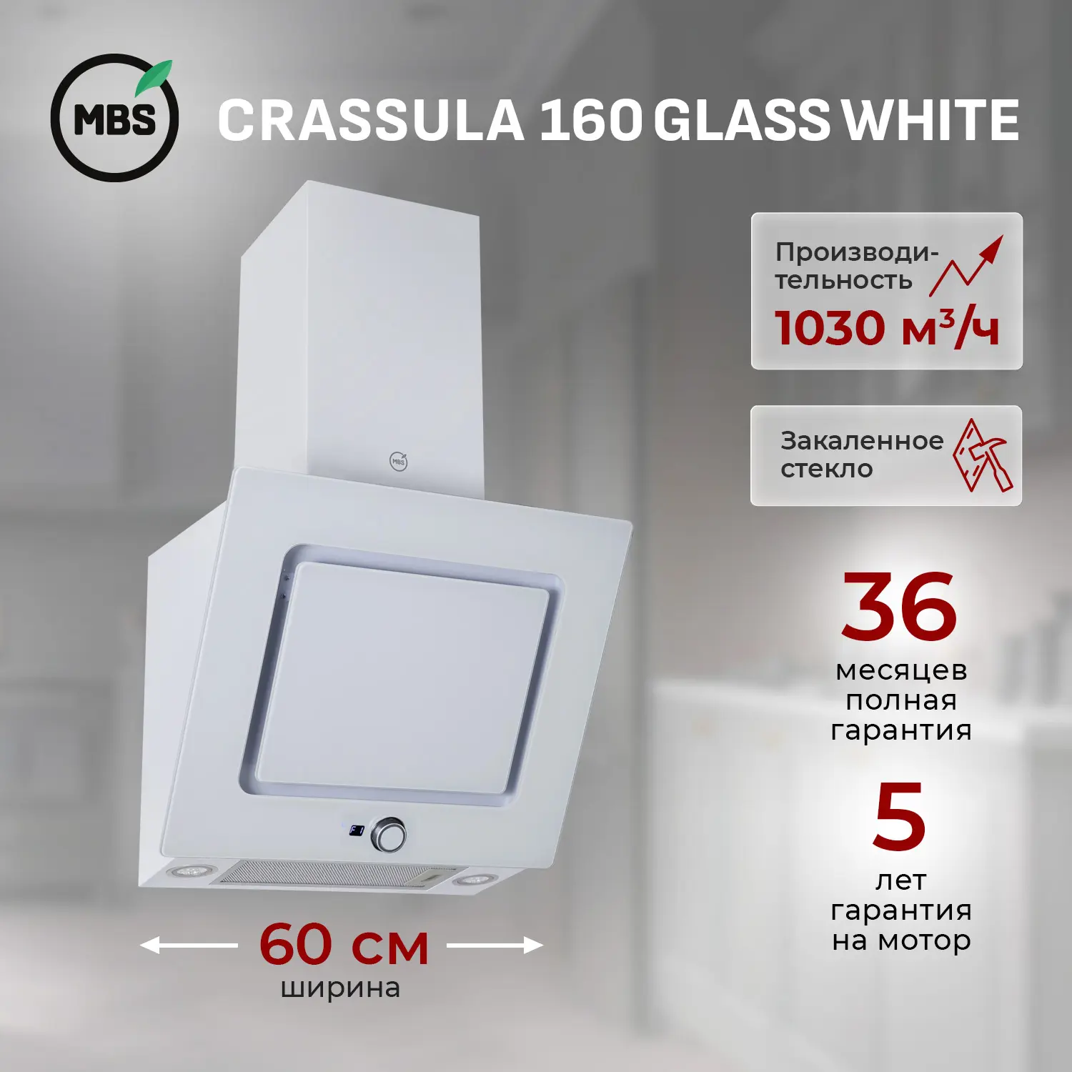 Изображение товара Наклонная вытяжка Mbs Crassula 160 glass white 60 см цвет белый