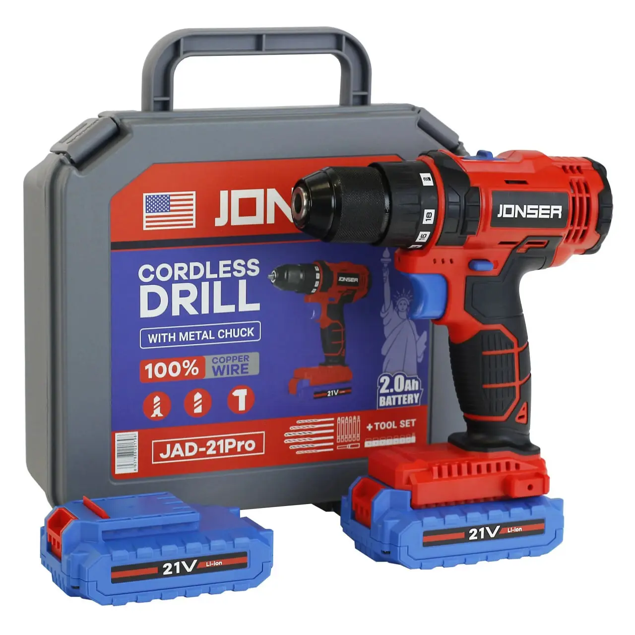 Изображение товара Дрель-шуруповерт аккумуляторная ударная Jonser JAD-21PRO, 24 В Li-Ion 2x2 Ач