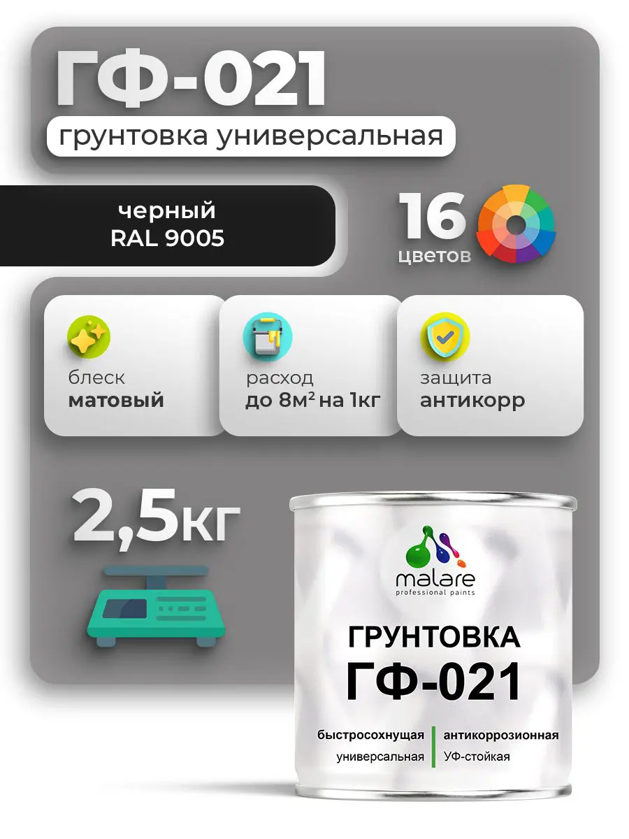 Изображение товара Грунтовка Malare Professional ГФ-021 RAL 9005 черный матовый 2.5кг