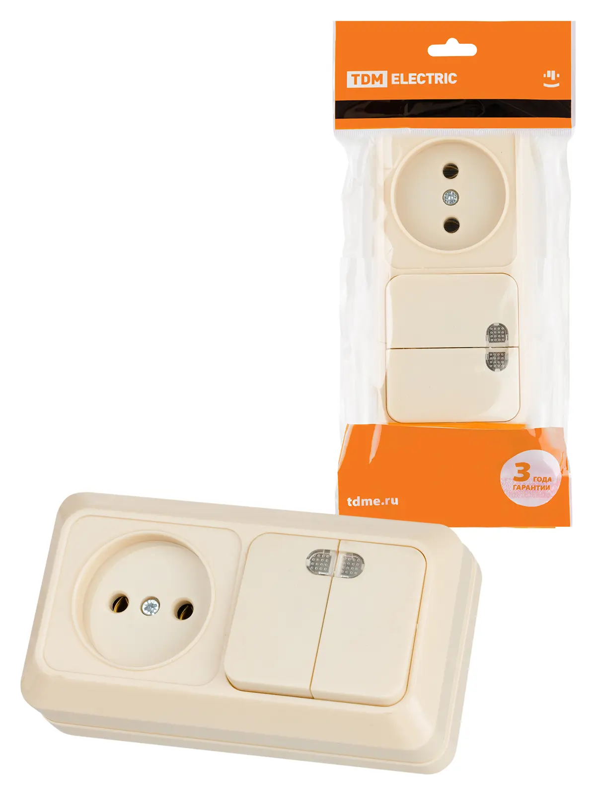 Изображение товара Розетка с выключателем накладная Tdm electric Вуокса SQ1801-0208 без заземления 2 клавиши цвет слоновая кость
