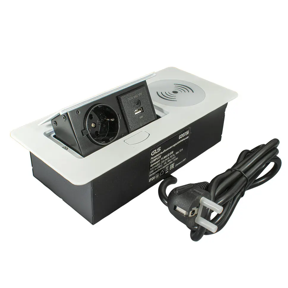 Изображение товара Выдвижная встраиваемая розетка GLS Complex с беспроводной зарядкой и USB шарингом белая