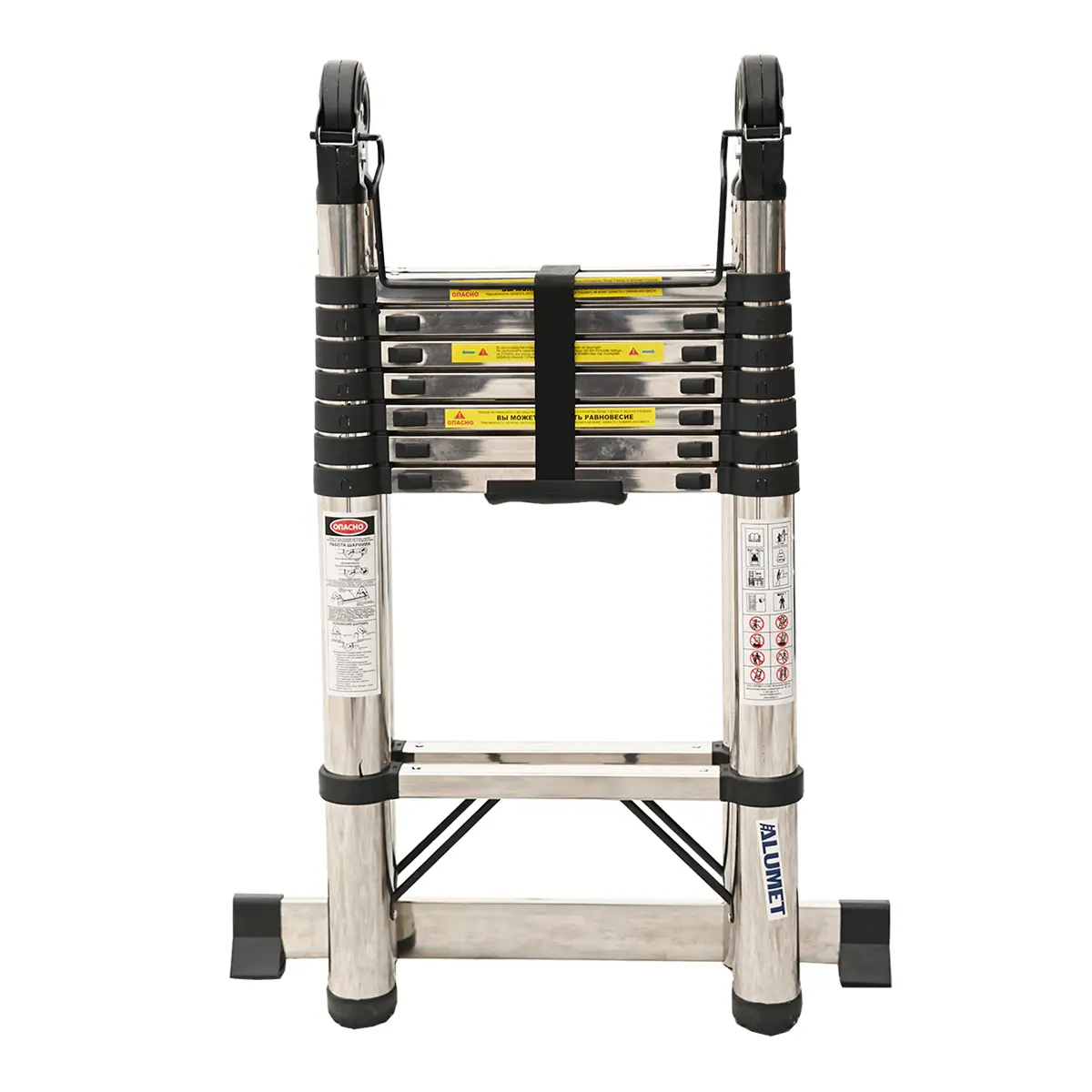 Изображение товара Алюмет Телескопическая двухсторонняя лестница с шарниром 8 ступеней Китай