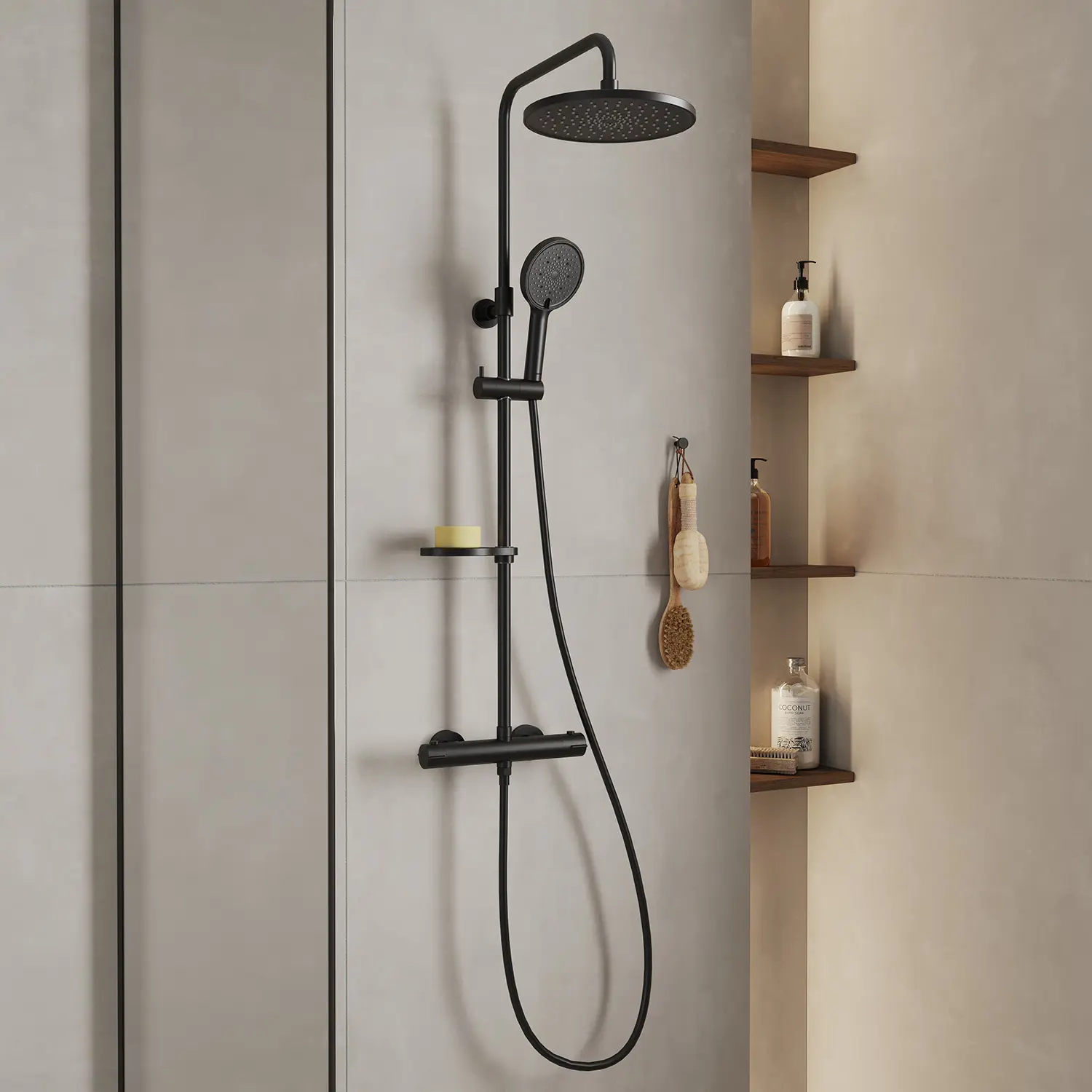 Изображение товара Смеситель термостатический для душа Ideal Spa Milardo ILSBLTHM89 со стойкой и тропической лейкой цвет черный матовый