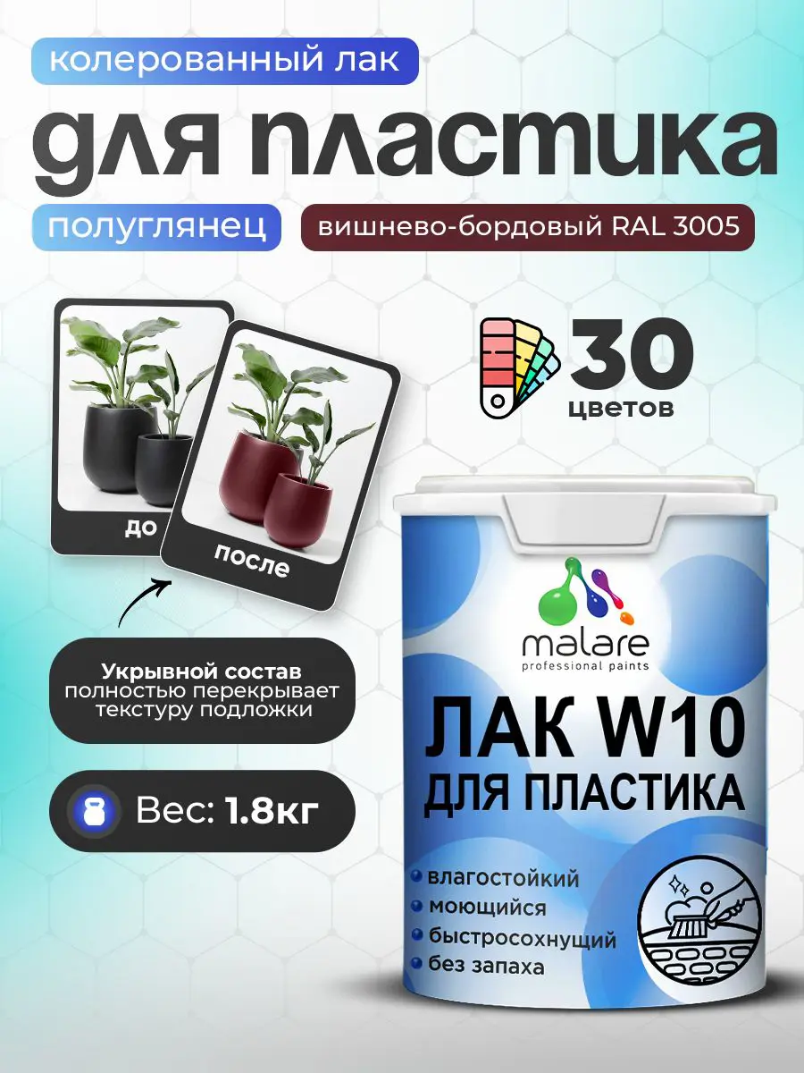 Изображение товара Лак для защиты пластика укрывной Malare Series W моющийся быстросохнущий полуглянцевый RAL 3005 вишнево-бордовый 1.8 кг