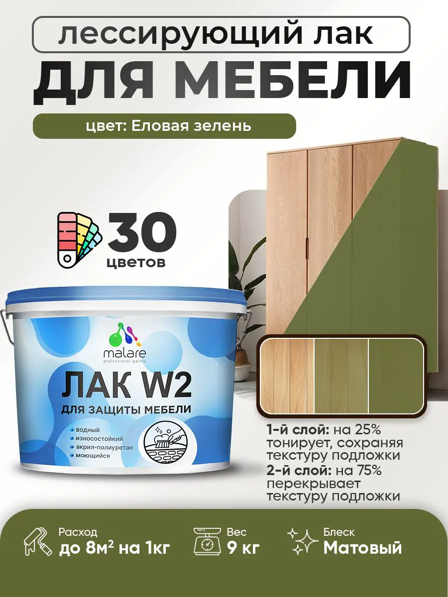 Изображение товара Лак для мебели дерева и минеральных поверхностей тонирующий Malare Series W матовый еловая зелень 9 кг