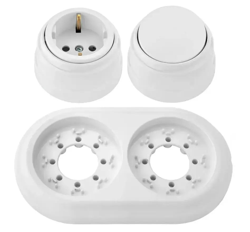 Изображение товара Розетка с выключателем и рамкой 2 поста накладные Bylectrica Ретро РА16-0202 А610-2261 ЮЛИГ.735212.471 с заземлением цвет белый