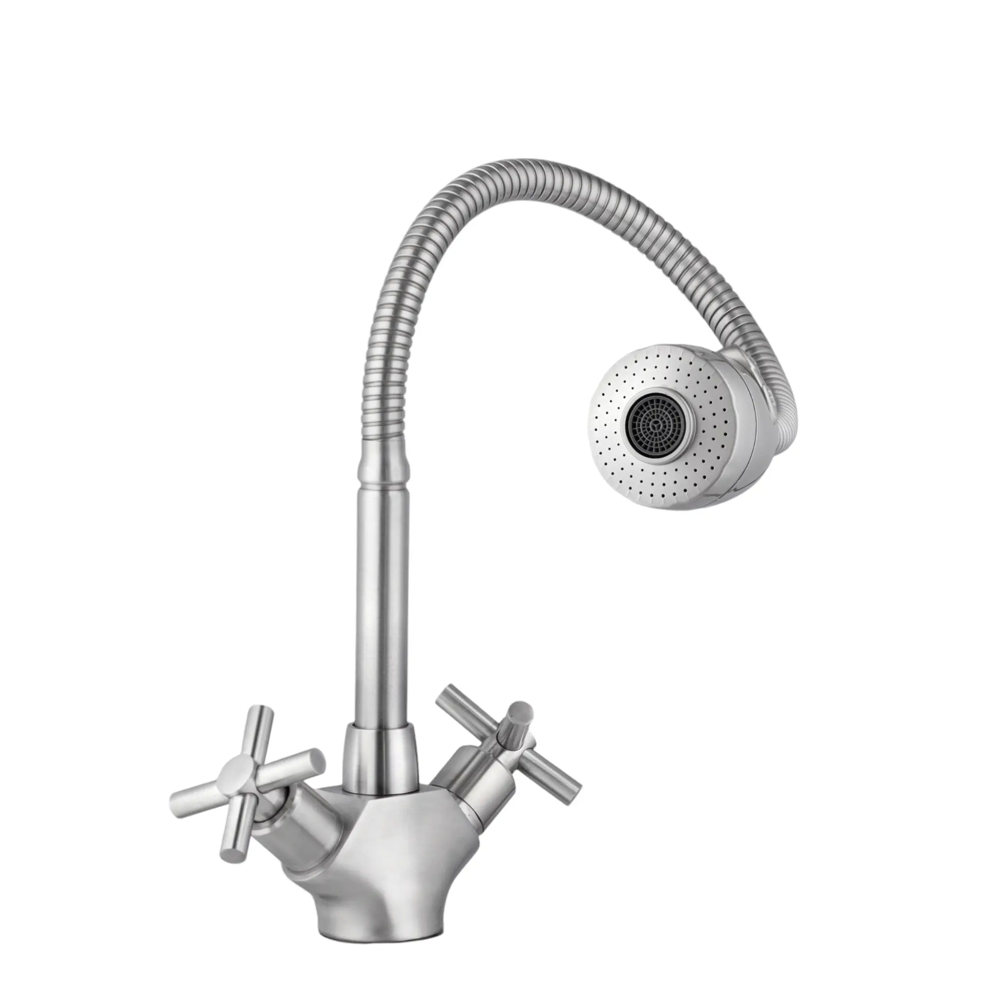 Изображение товара Смеситель для кухни Potato P58357S вентильный с широкой двухрежимной лейкой и гибким поворотным изливом 18 см цвет сатин