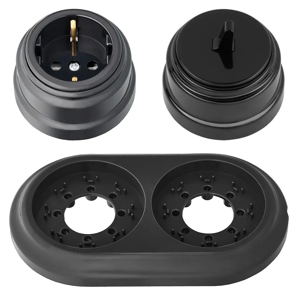 Изображение товара Розетка с выключателем и рамкой 2 поста накладные Bylectrica Ретро РА16-0202 А110-2203 ЮЛИГ.735212.471 с заземлением цвет черный