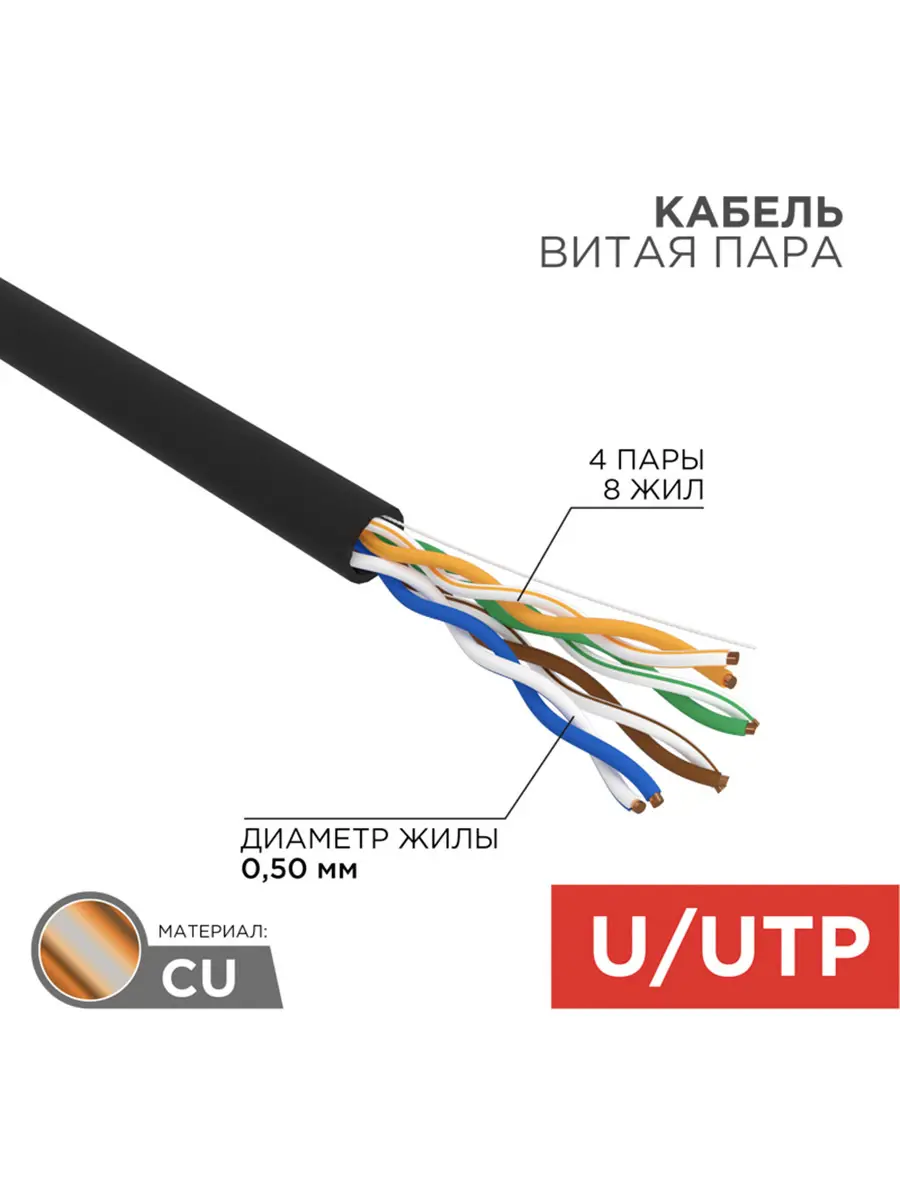 Изображение товара Кабель витая пара Rexant U/UTP CAT 5e PE 4PR 24AWG outdoor solid черный 25 м