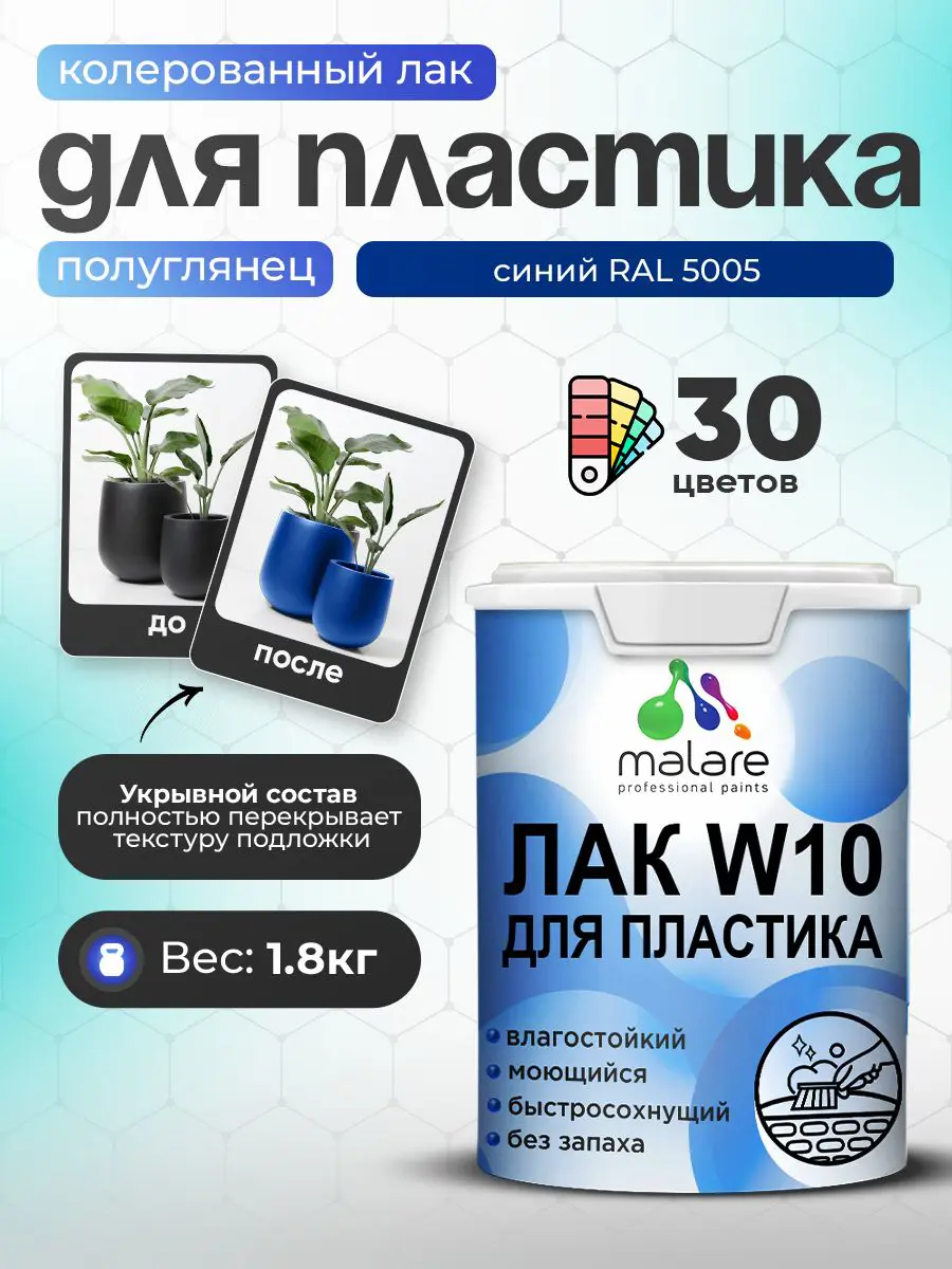 Изображение товара Лак для защиты пластика укрывной Malare Series W моющийся быстросохнущий полуглянцевый RAL 5005 синий 1.8 кг