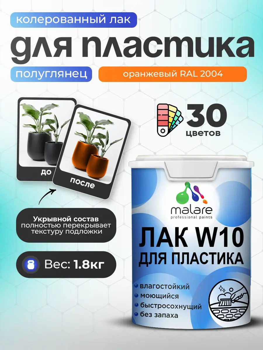 Изображение товара Лак для защиты пластика укрывной Malare Series W моющийся быстросохнущий полуглянцевый RAL 2004 оранжевый 1.8 кг