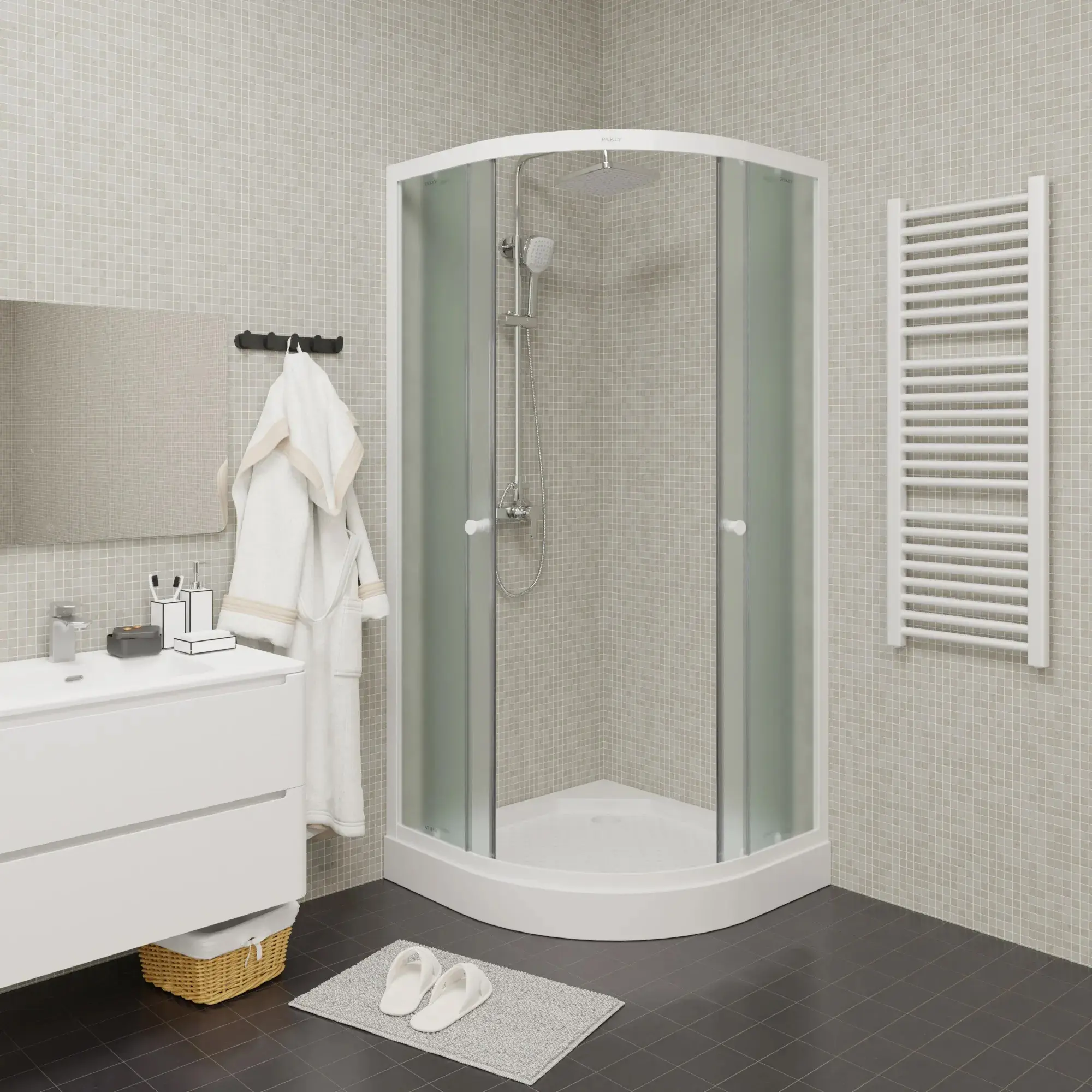 Изображение товара Душевой уголок Parly 9159 1/4 круга 90x90см белый профиль эффект стекла матовый