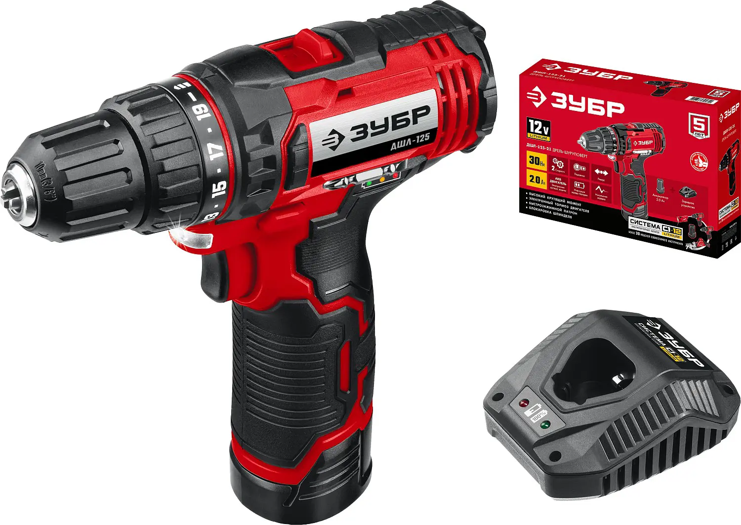Изображение товара Дрель-шуруповерт аккумуляторная Зубр ДШЛ-125-21, 12 В Li-Ion 1x2 Ач