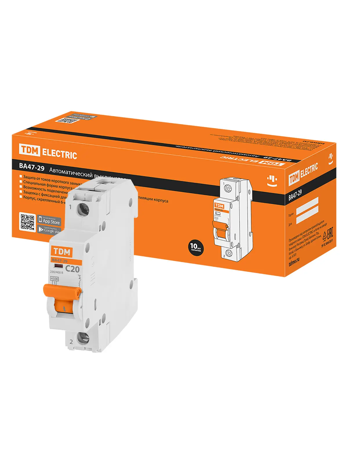 Изображение товара Автоматический выключатель ВА47-29 1P C20 А 4.5 кА TDM ELECTRIC белый
