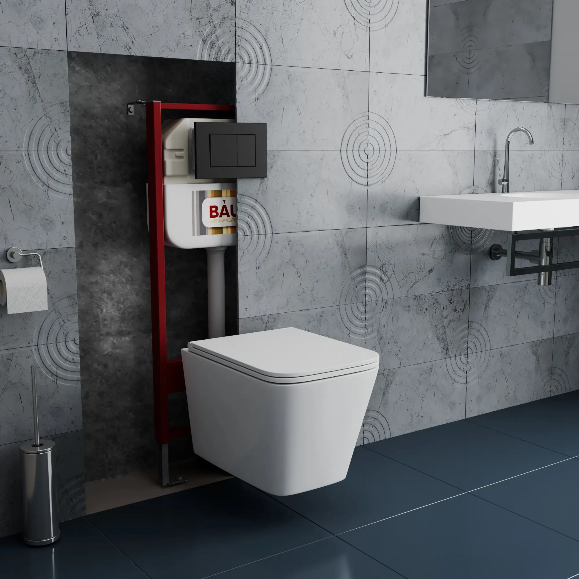 Изображение товара Комплект BAUEDGE NEO45700-BS0001-HQ2-Q00003 6 в 1: инсталляция 45, унитаз торнадо обратного потока Stil Hurricane-2, сиденье, кнопка Stil, черная