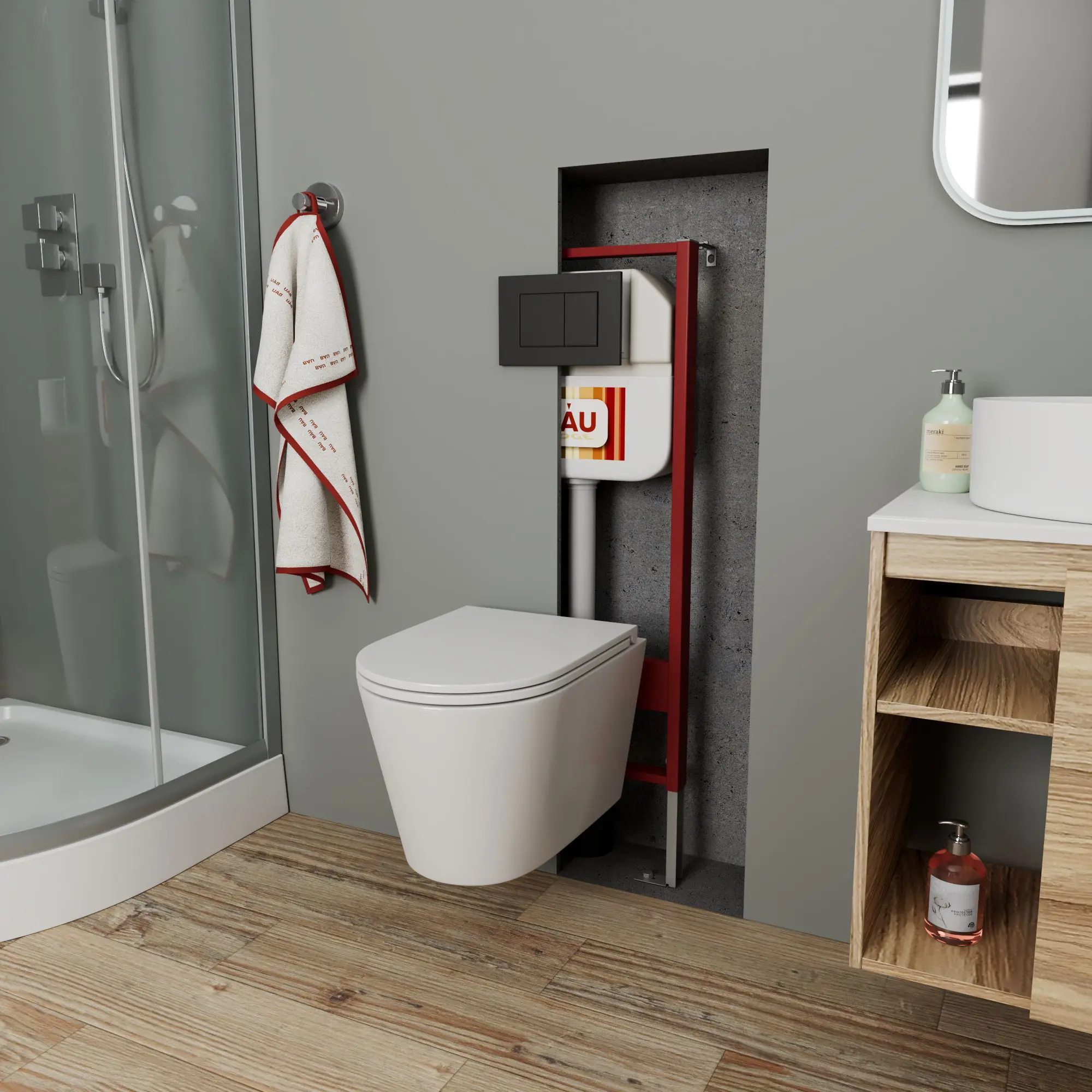 Изображение товара Комплект BAUEDGE NEO45700-BK0001-Q00003 6 в 1: инсталляция 45, унитаз безободковый Nimb 49x36 сиденье дюропласт, кнопка Stil, черная матовая