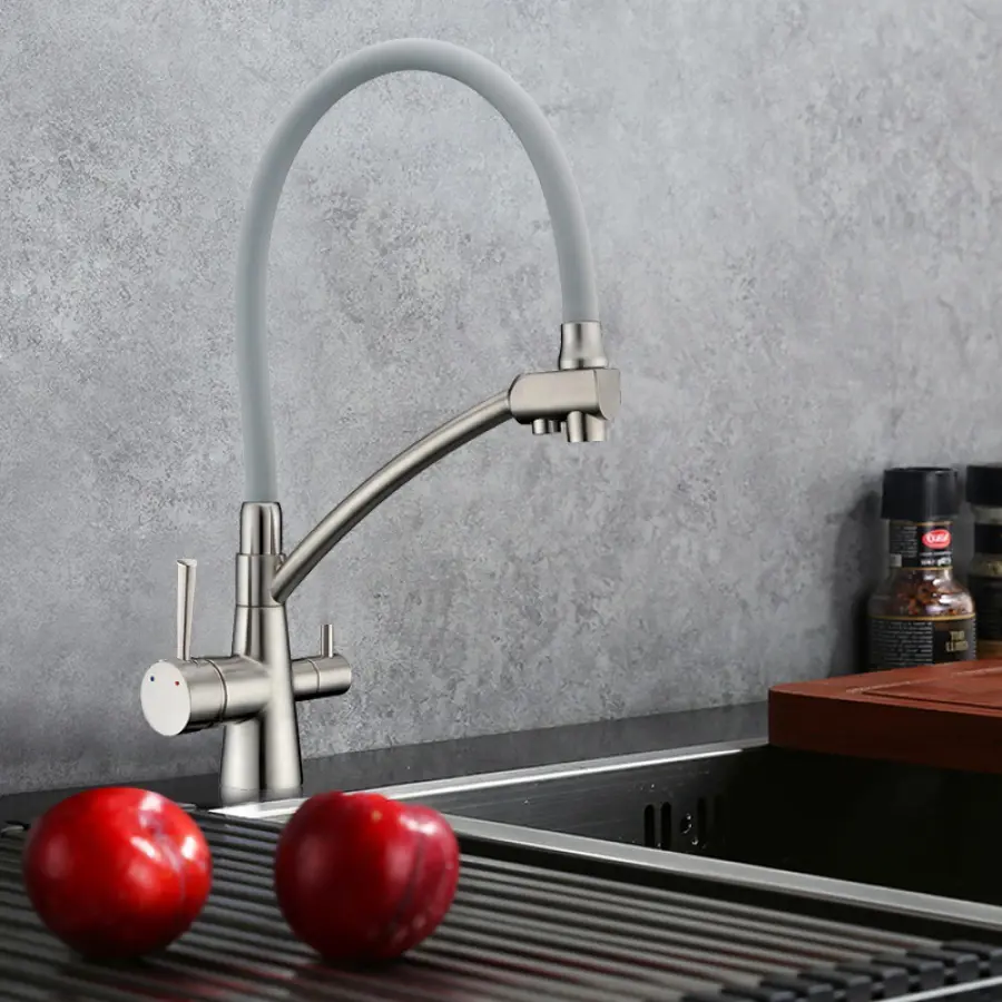 Изображение товара Смеситель для кухни Potato P4077-1 поворотный излив 20 см цвет серый, сатин