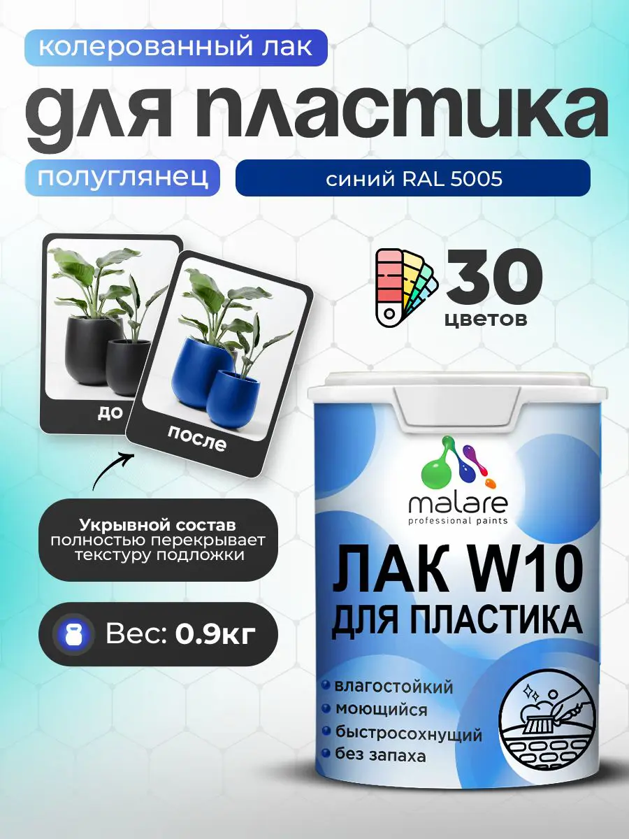 Изображение товара Лак для защиты пластика укрывной Malare Series W моющийся быстросохнущий полуглянцевый RAL 5005 синий 0.9 кг