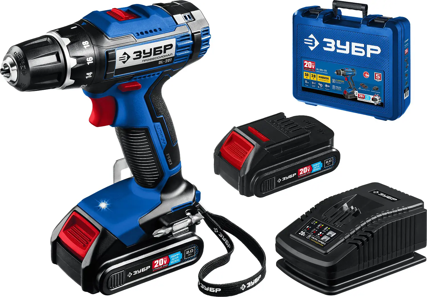 Изображение товара Дрель-шуруповерт аккумуляторная Зубр DL-201-22, 20 В Li-Ion 2x2 Ач