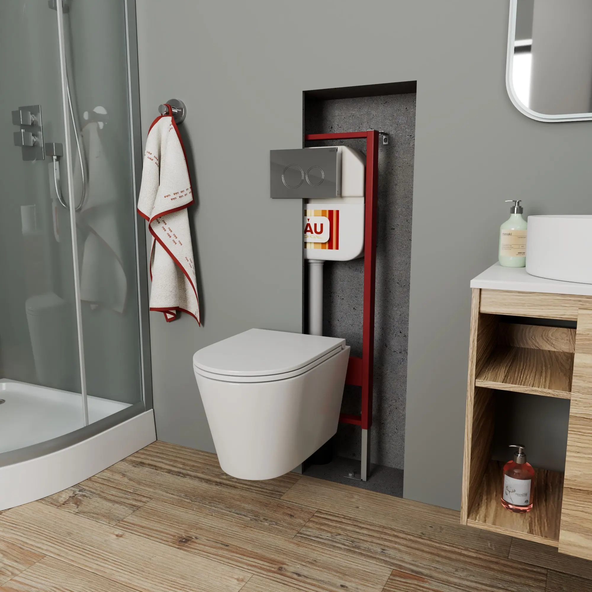 Изображение товара Комплект BAUEDGE NEO45700-BK0001-Q00004 6 в 1: инсталляция 45, унитаз безободковый Nimb 49x36 сиденье дюропласт, кнопка Dream, хром