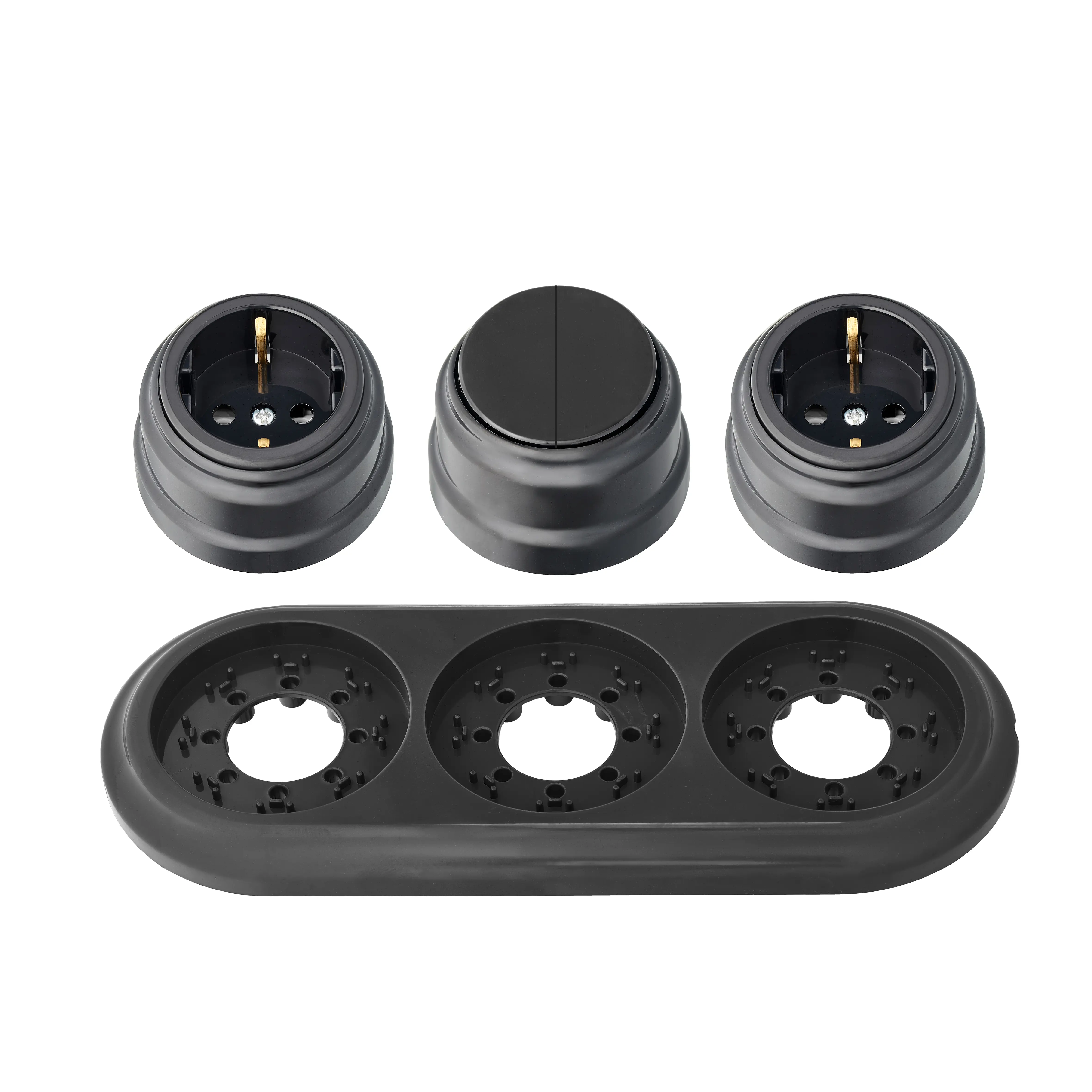 Изображение товара Розетка с выключателем и рамкой 3 поста накладные Bylectrica Ретро черный