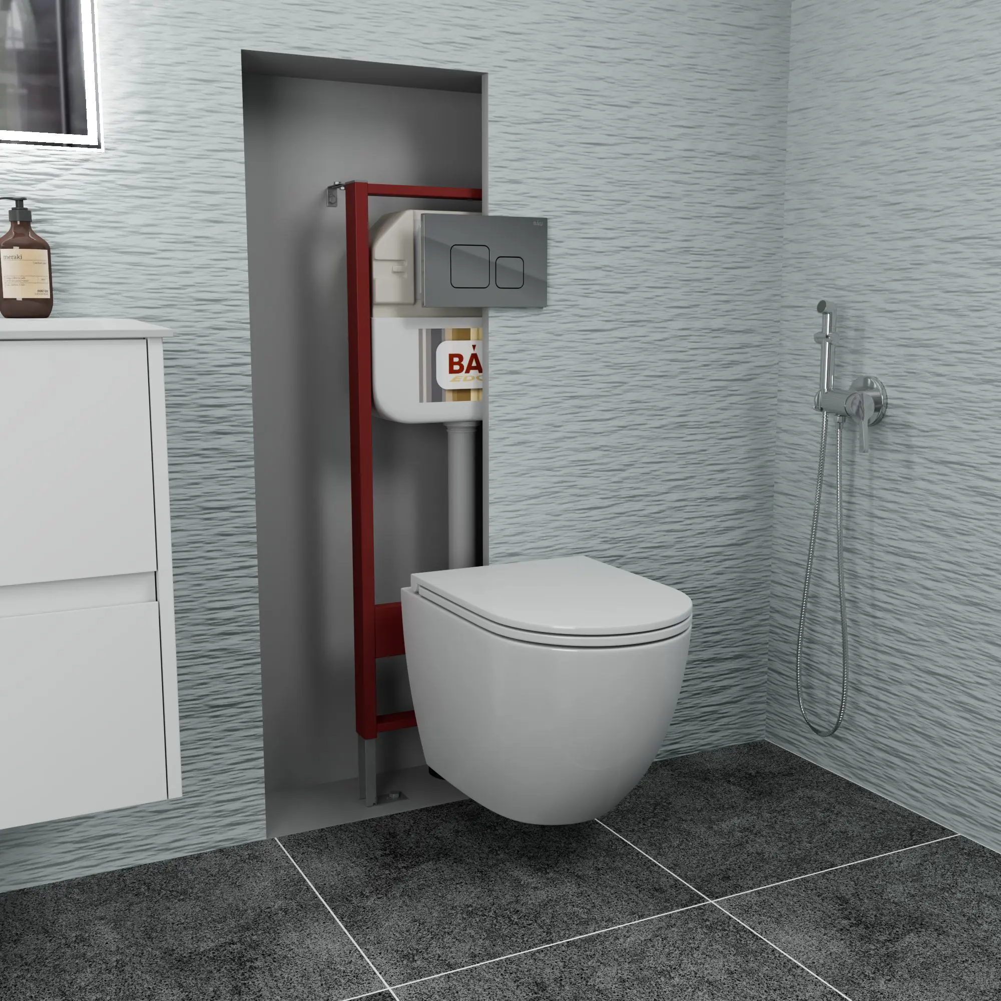 Изображение товара Комплект BAUEDGE NEO45700-BL0002-Q00016 6 в 1: инсталляция, унитаз безободковый Dream 53, сиденье микролифт, кнопка Soul, хром