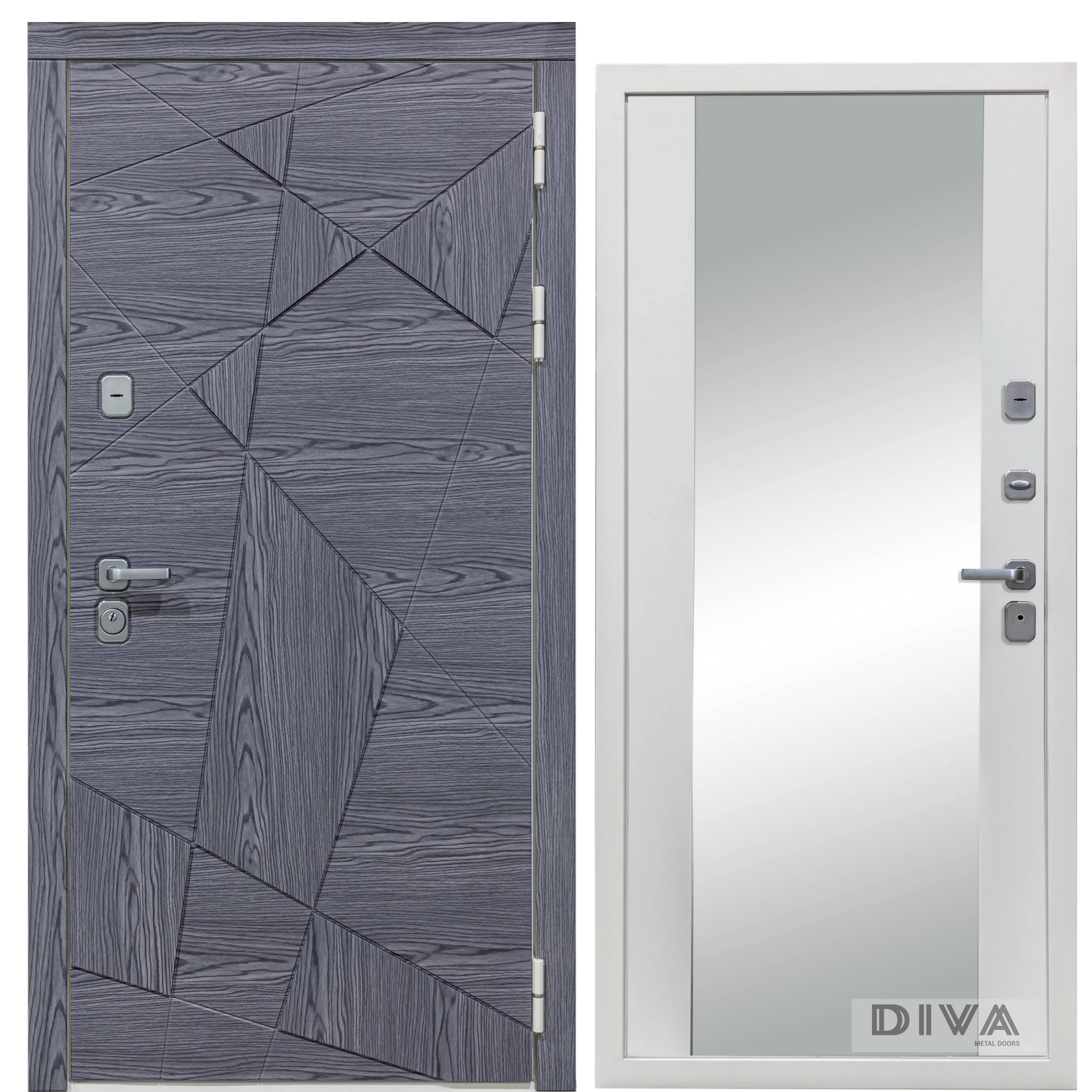 Изображение товара Входная дверь Diva 97/3 205x96 см правый цвет белый/дуб графит с зеркалом