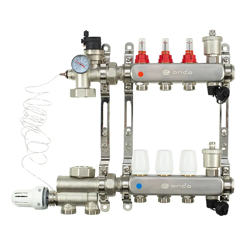 Изображение товара Коллекторная группа ONDO с расходомерами для теплого пола 1" 3/4" нержавеющая сталь