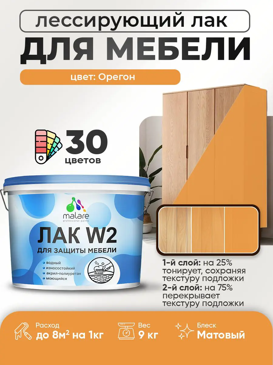 Изображение товара Лак для мебели дерева и минеральных поверхностей тонирующий Malare Series W матовый орегон 9 кг