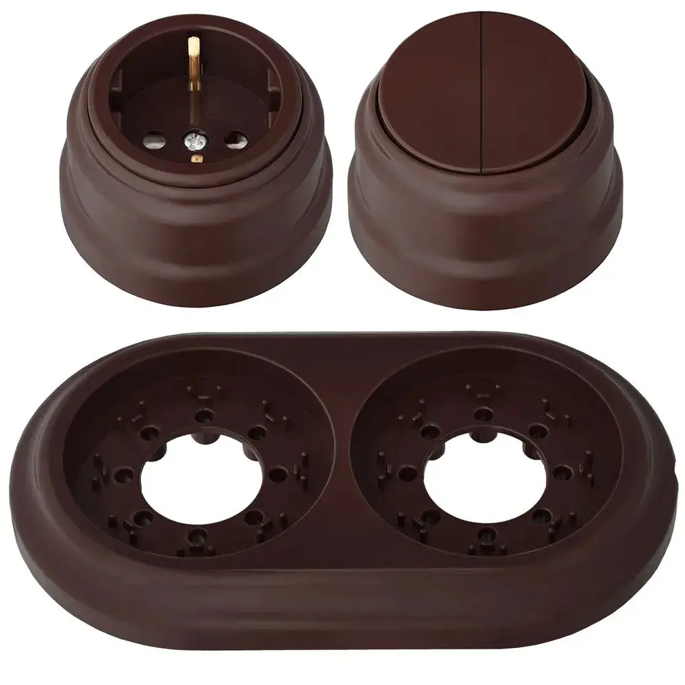 Изображение товара Розетка с выключателем и рамкой 2 поста накладные Bylectrica Ретро РА16-0202 А56-2212 ЮЛИГ.735212.471 с заземлением цвет шоколадный