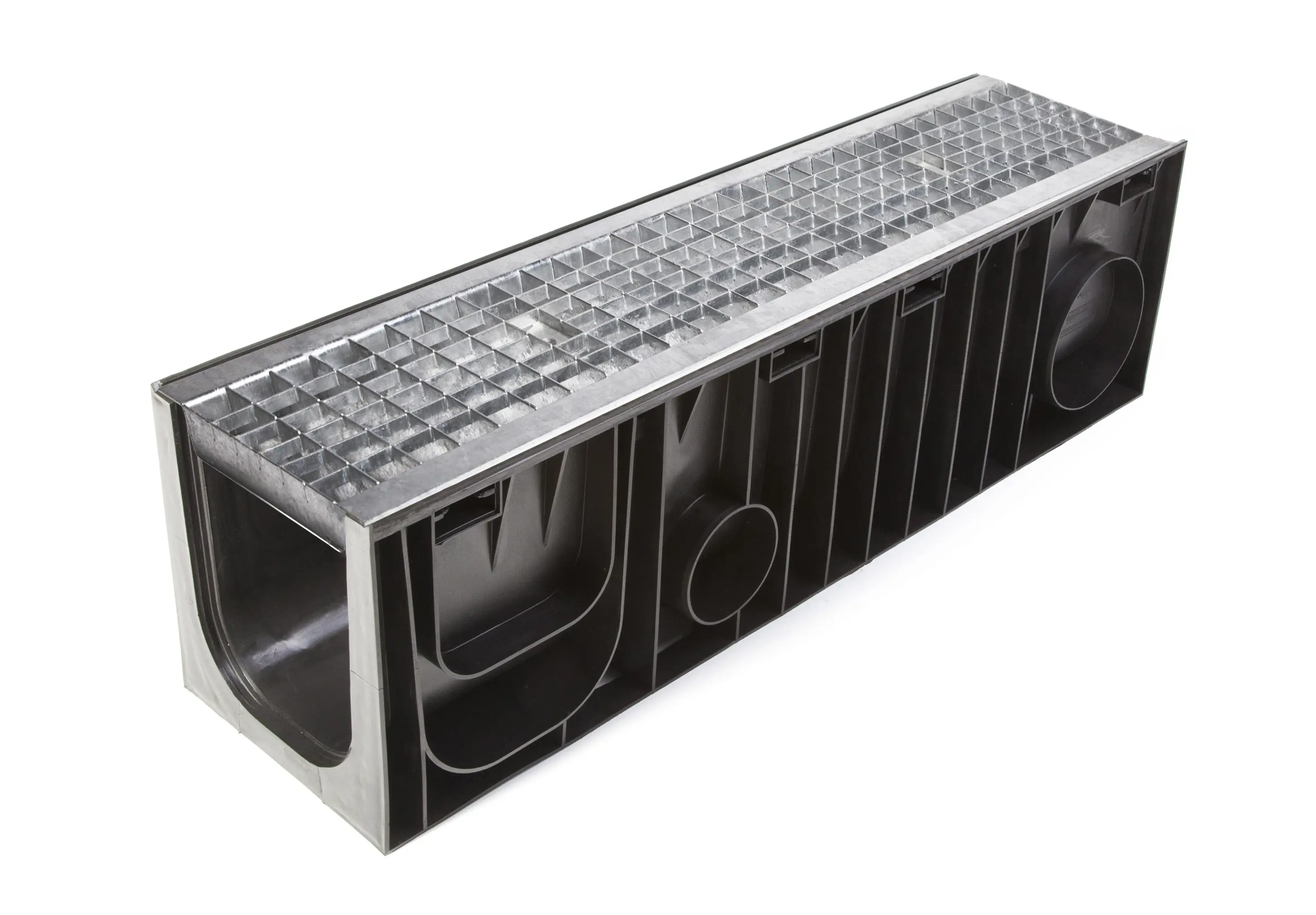 Изображение товара Лоток водосточный Aquadrenag Standart 1000x260x280мм с решеткой ячеистой оцинкованной и стальными фиксаторами черный