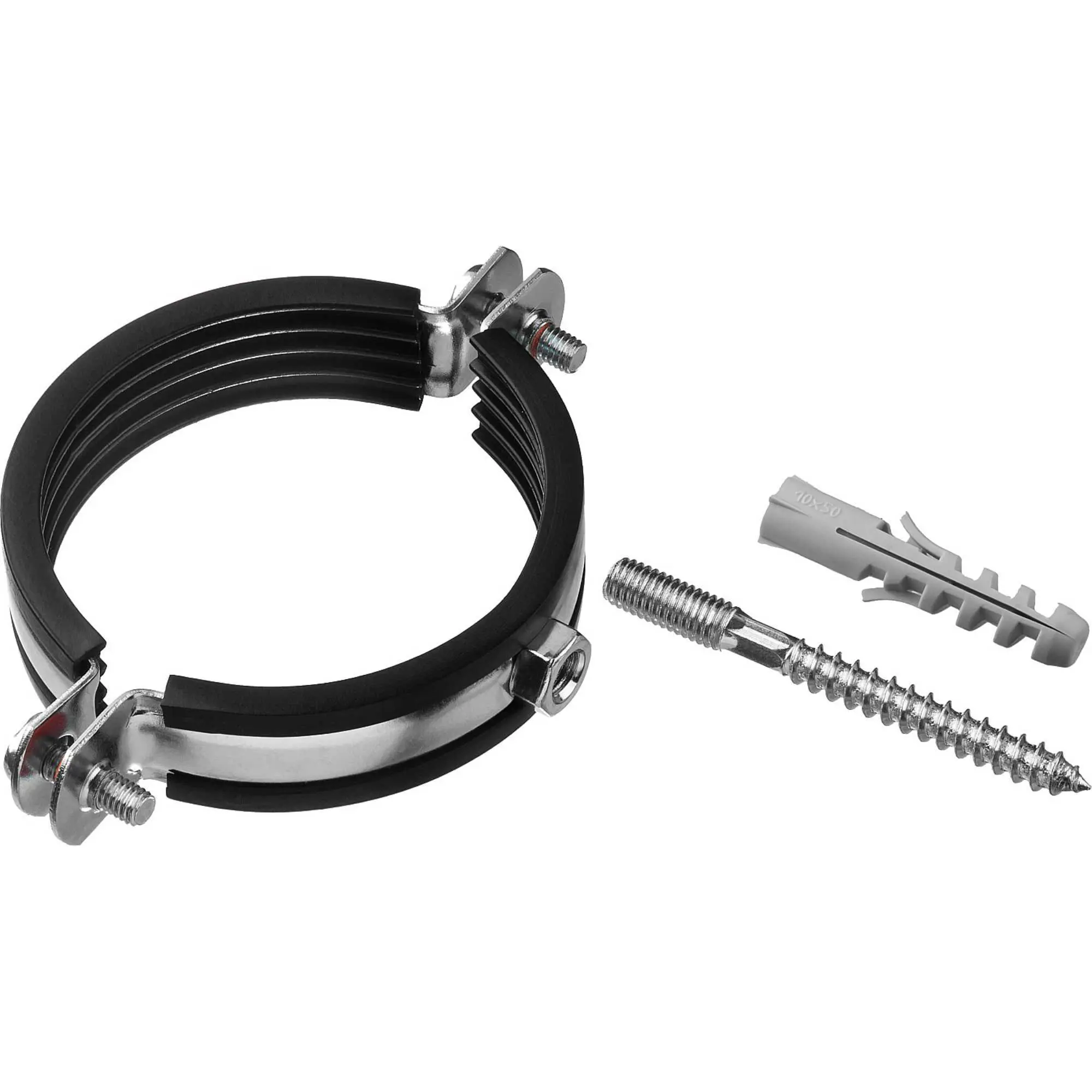 Изображение товара Хомут оцинкованный TeRma с резиновым уплотнителем 3/8" 15-19 мм с гайкой М8 со шпилькой и дюбелем