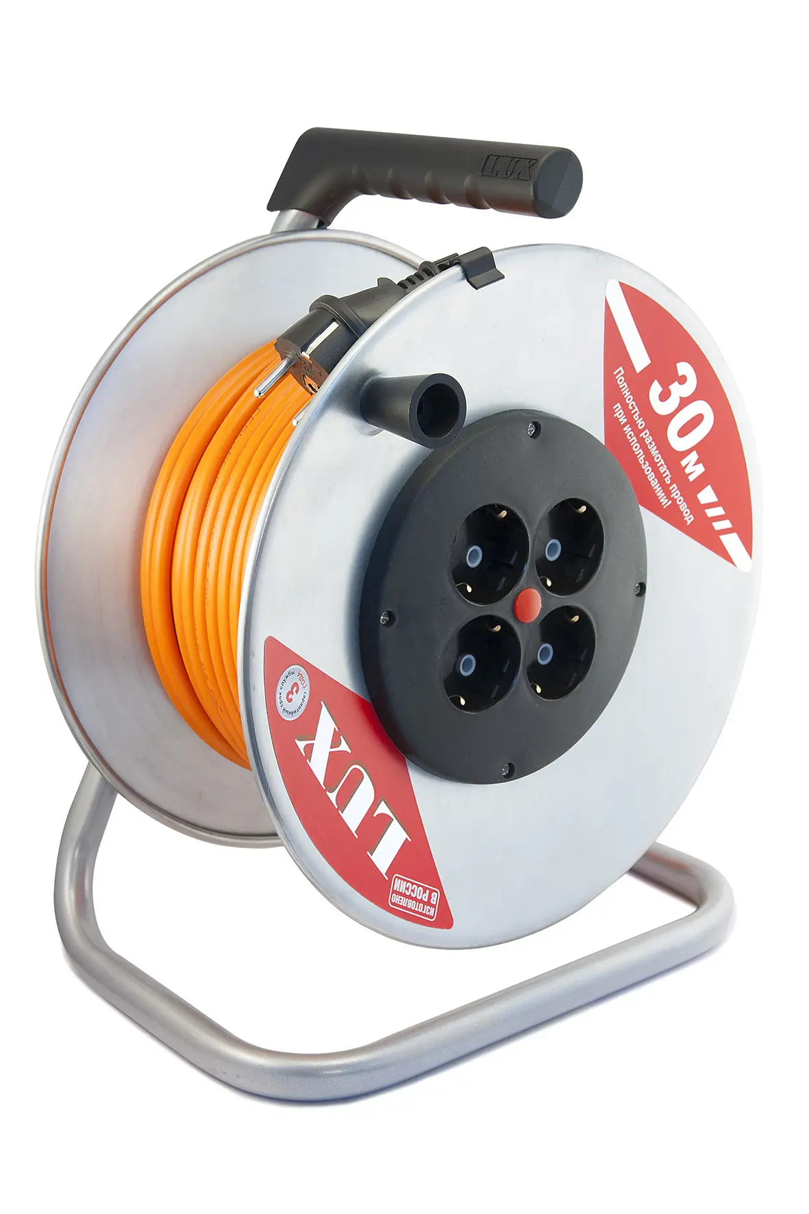 Изображение товара Удлинитель на катушке Lux 40130 ПВС 3x1.5 30 м 4 розетки 3500 Вт с заземлением IP20 цвет оранжевый/черный/серый