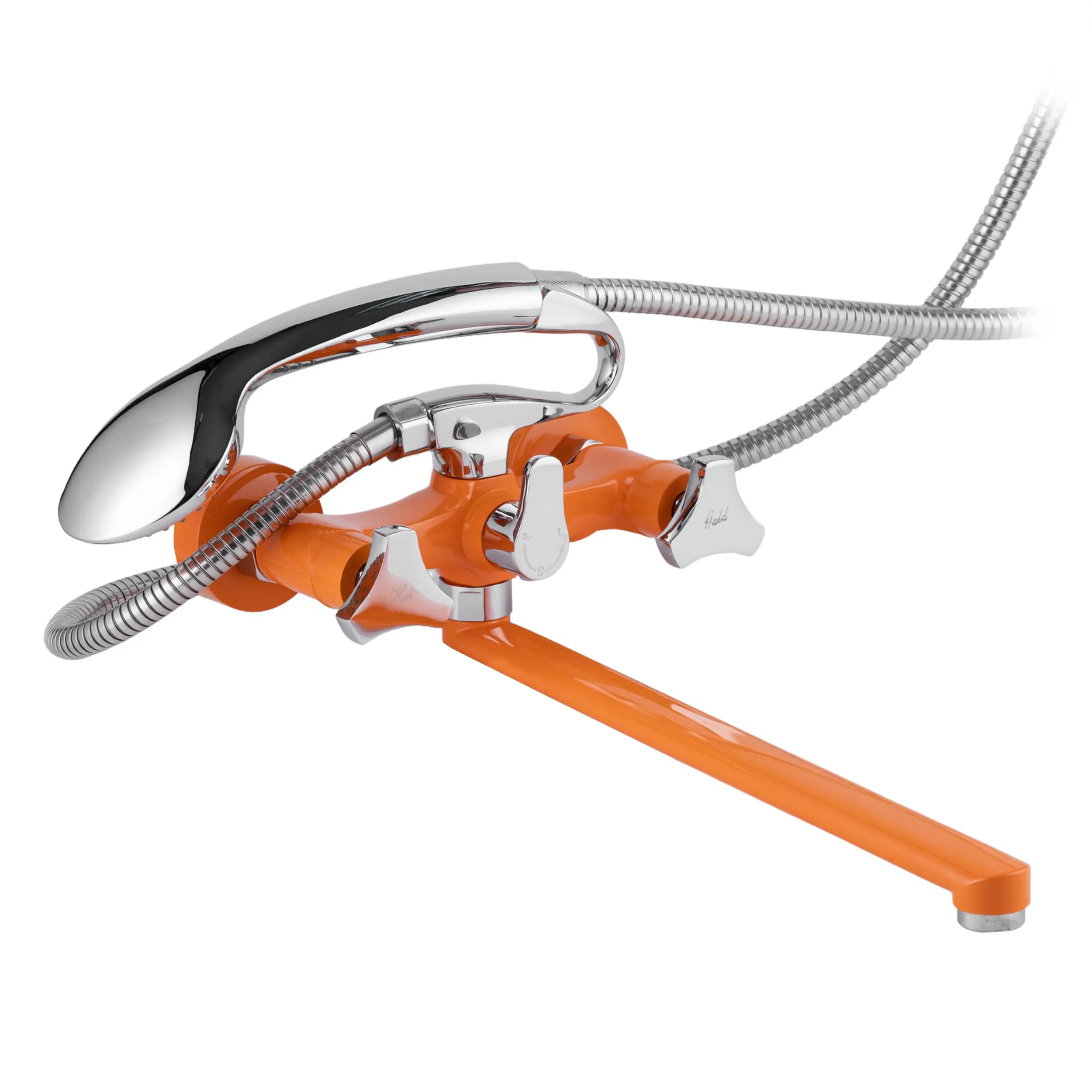 Изображение товара Смеситель для ванны Potato P22308-10 c длинным плоским изливом и душевой лейкой цвет оранжевый с хромированными вставками