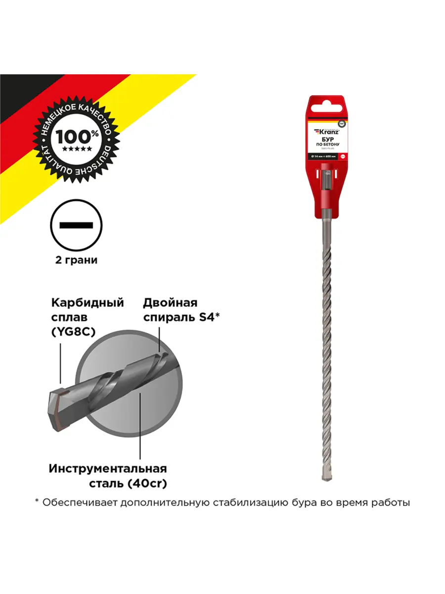 Изображение товара Бур по бетону Kranz KR-91-0064 14x600 мм SDS Plus для гранита, кирпича и бетона