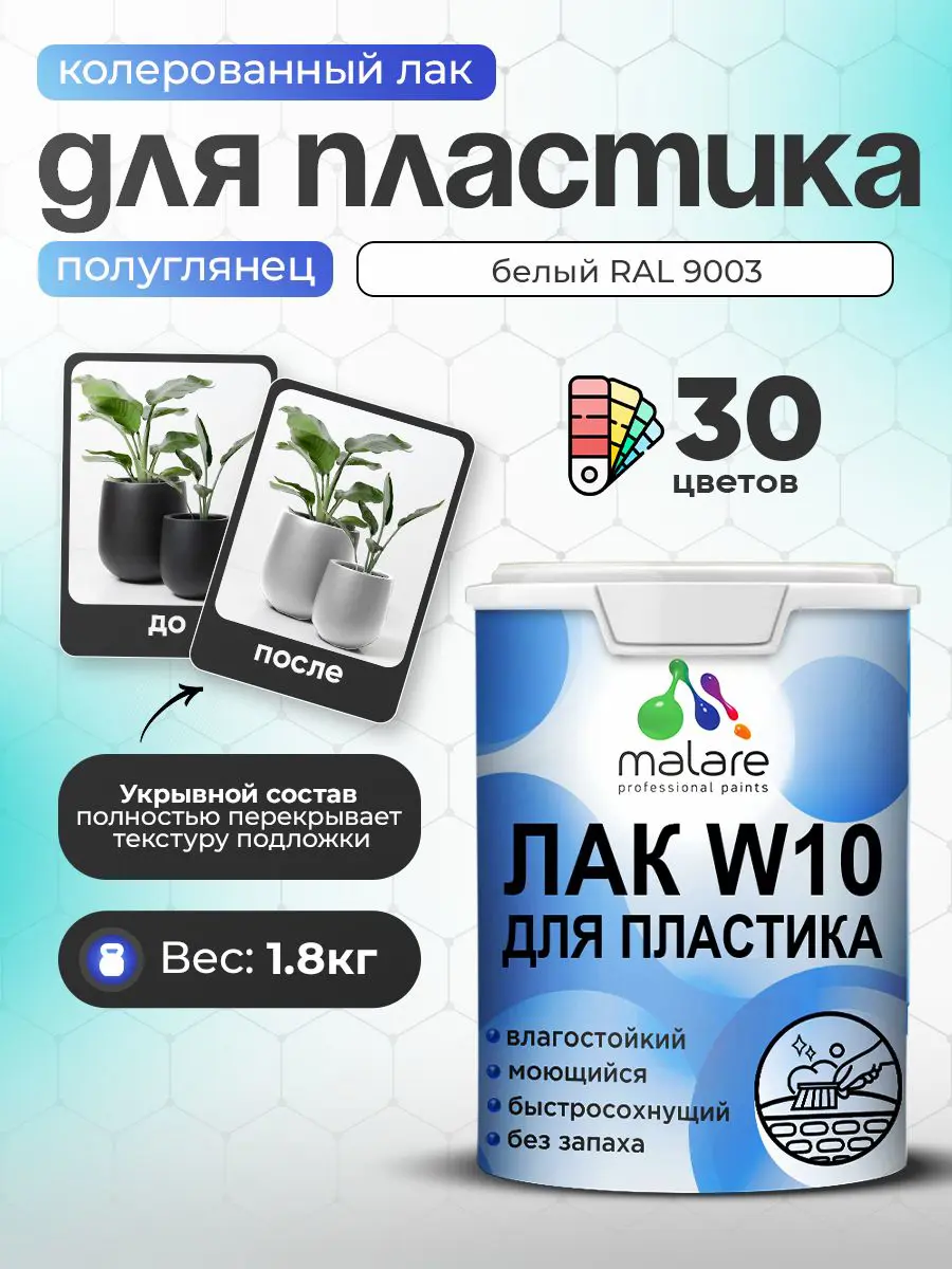 Изображение товара Лак для защиты пластика укрывной Malare Series W моющийся быстросохнущий полуглянцевый RAL 9003 белый 1.8 кг