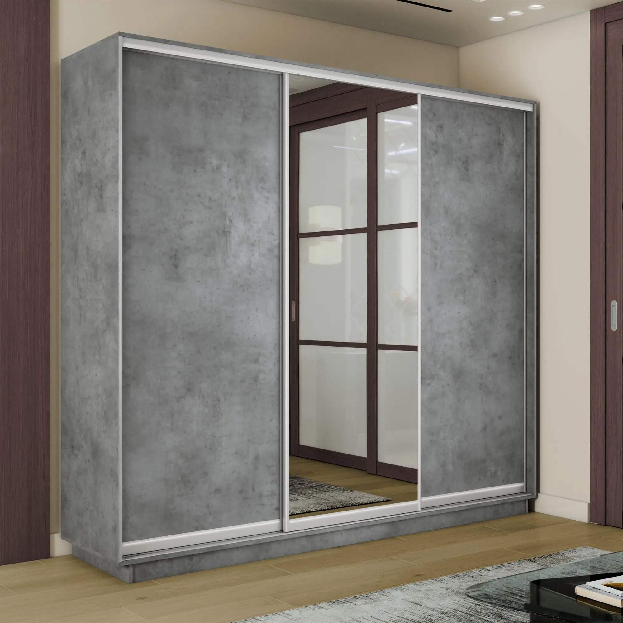 Изображение товара Шкаф-купе Мебельная Компания Е1 3 дверный 220x240x45 см зеркало 9 полок ЛДСП цвет бетон 45emt1_240_bt