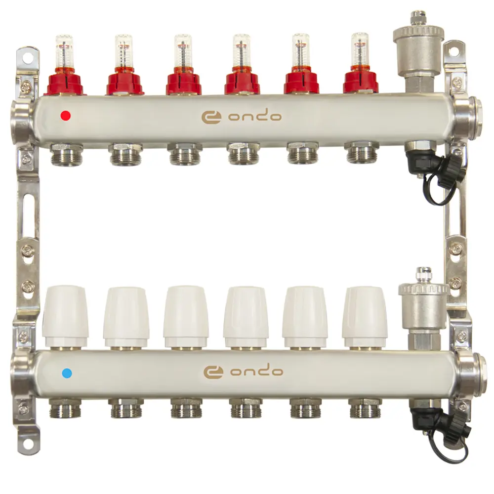 Изображение товара Коллекторная группа ONDO на 6 выходов из нержавеющей стали для теплого пола