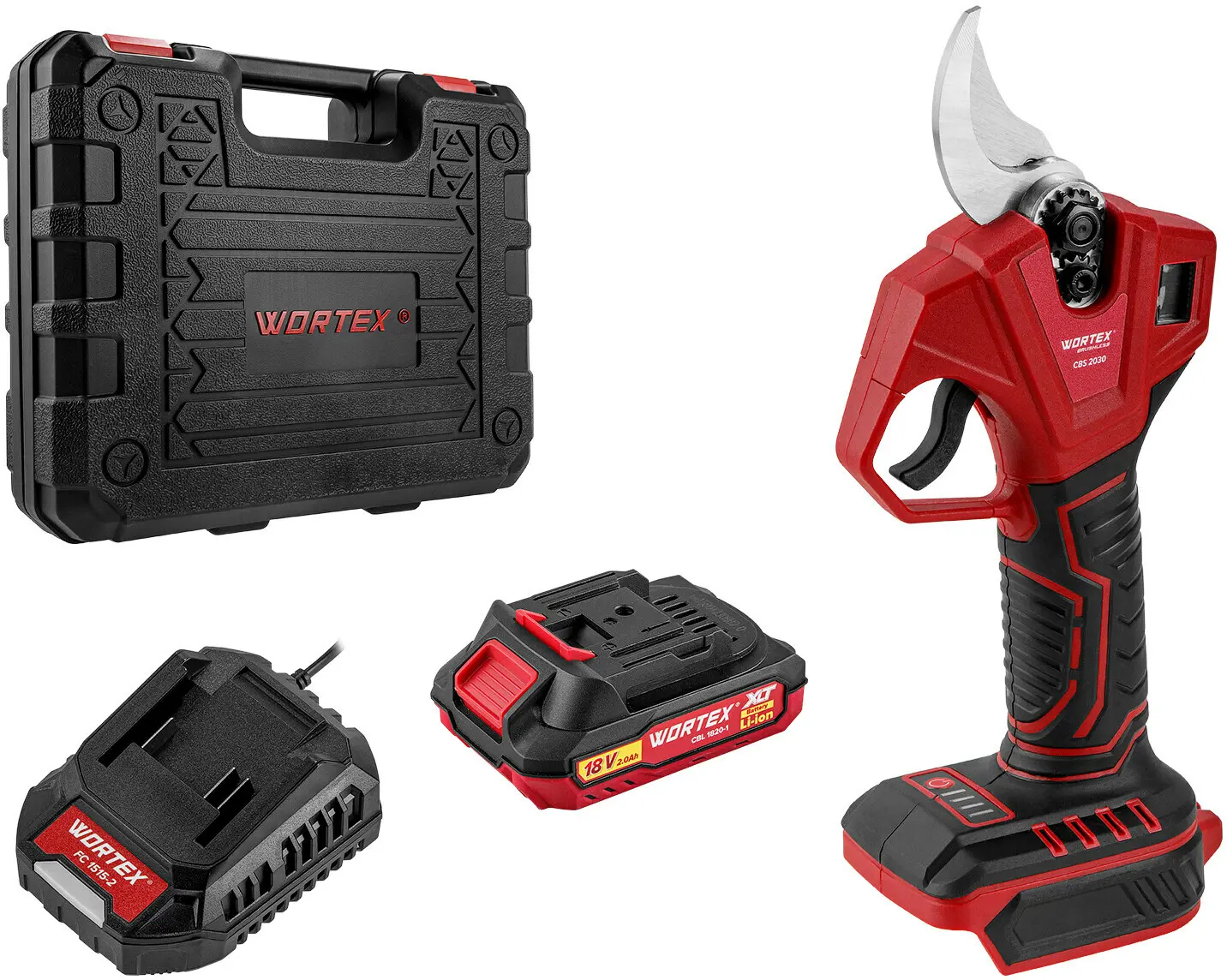 Изображение товара Аккумуляторный секатор Wortex CBS 2030 18 В 28 мм с дисплеем и набором