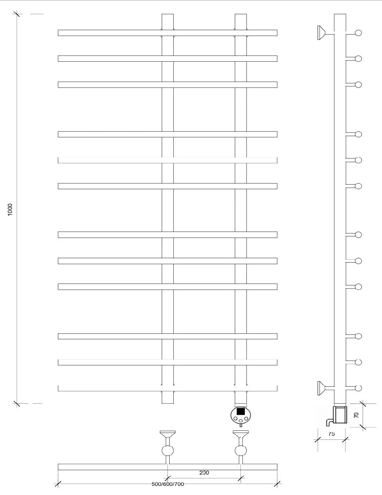 Изображение товара Полотенцесушитель электрический Secado Турин 3 500x1000 мм 300 Вт