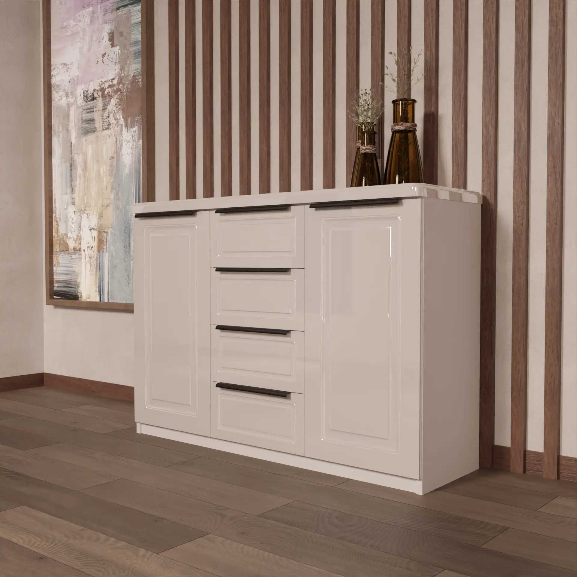 Изображение товара Комод Веста Катерина 1200 с 4 ящиками и 2 дверьми белый глянец