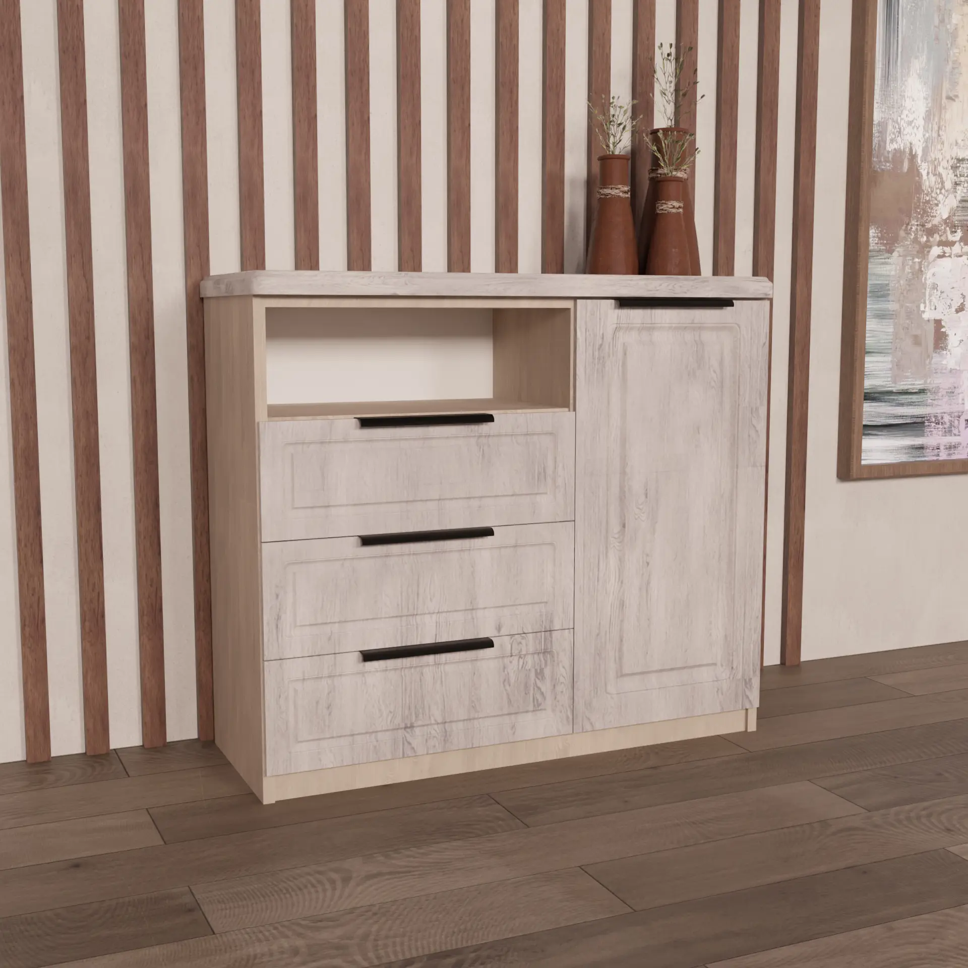 Изображение товара Комод Веста Катерина 1000 3 ящика 100x50x85 см МДФ профильные ручки цвет лиственница камчатская текстура дерева