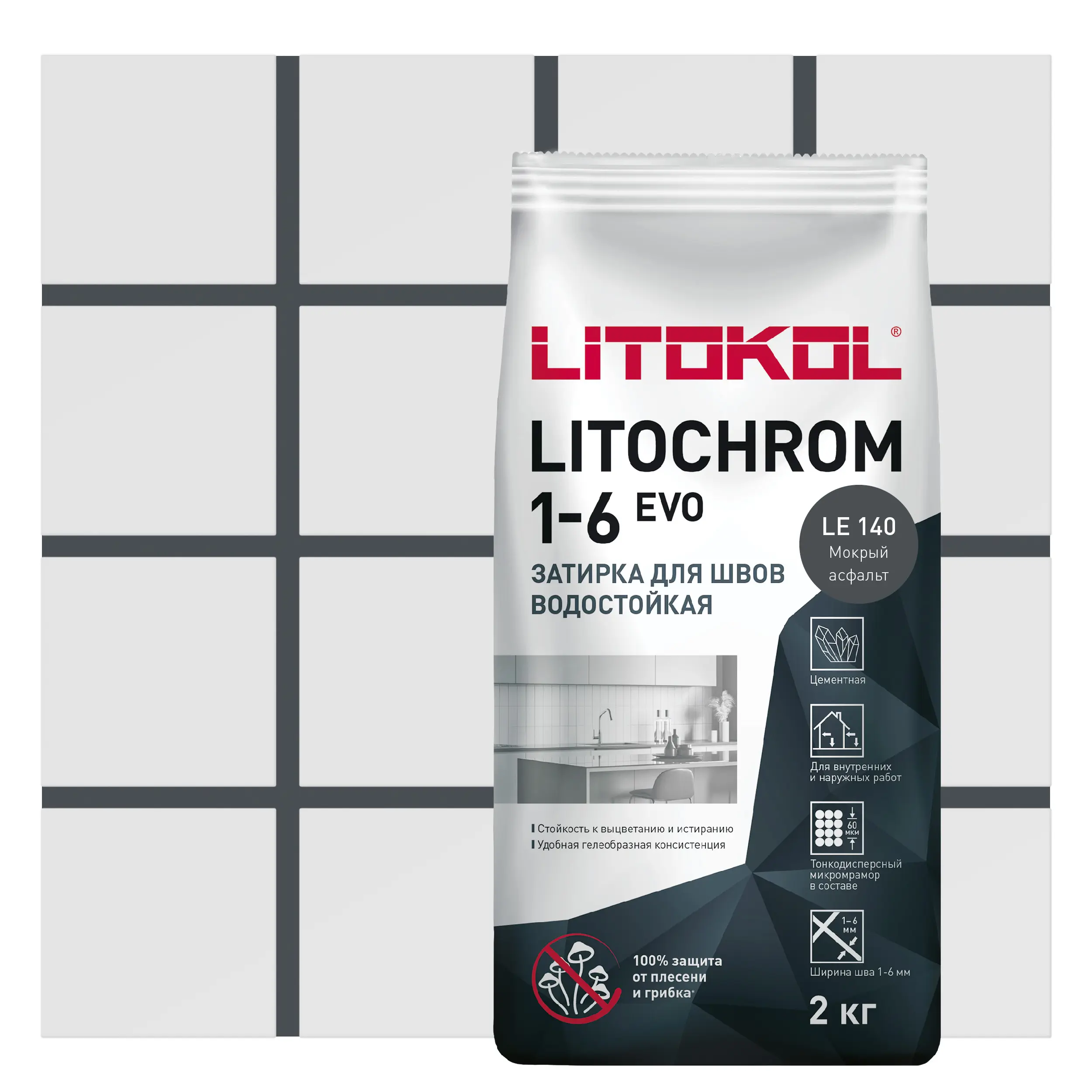 Изображение товара Цементная затирка Litokol Litochrom 1-6 Evo мокрый асфальт 2 кг