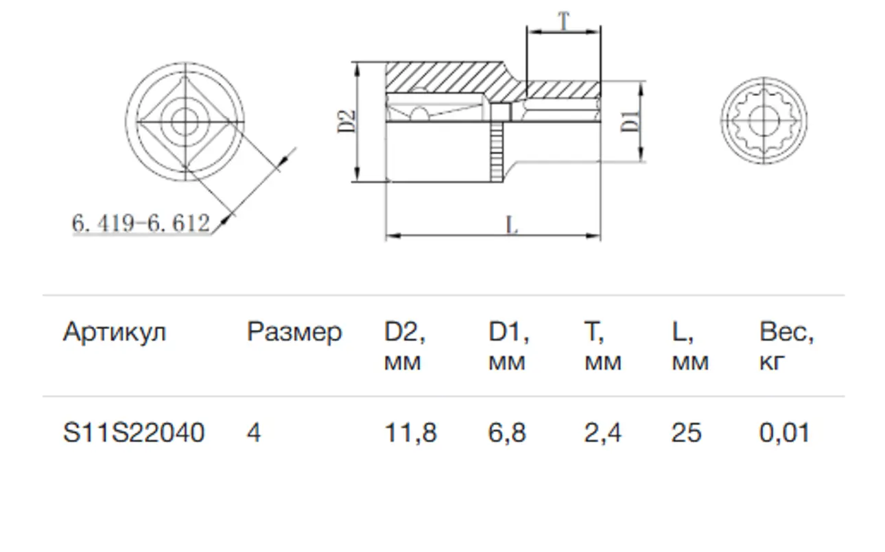 Изображение товара Торцевая головка двенадцатигранная Thorvik S11S12040 1/4 дюйма 4 мм