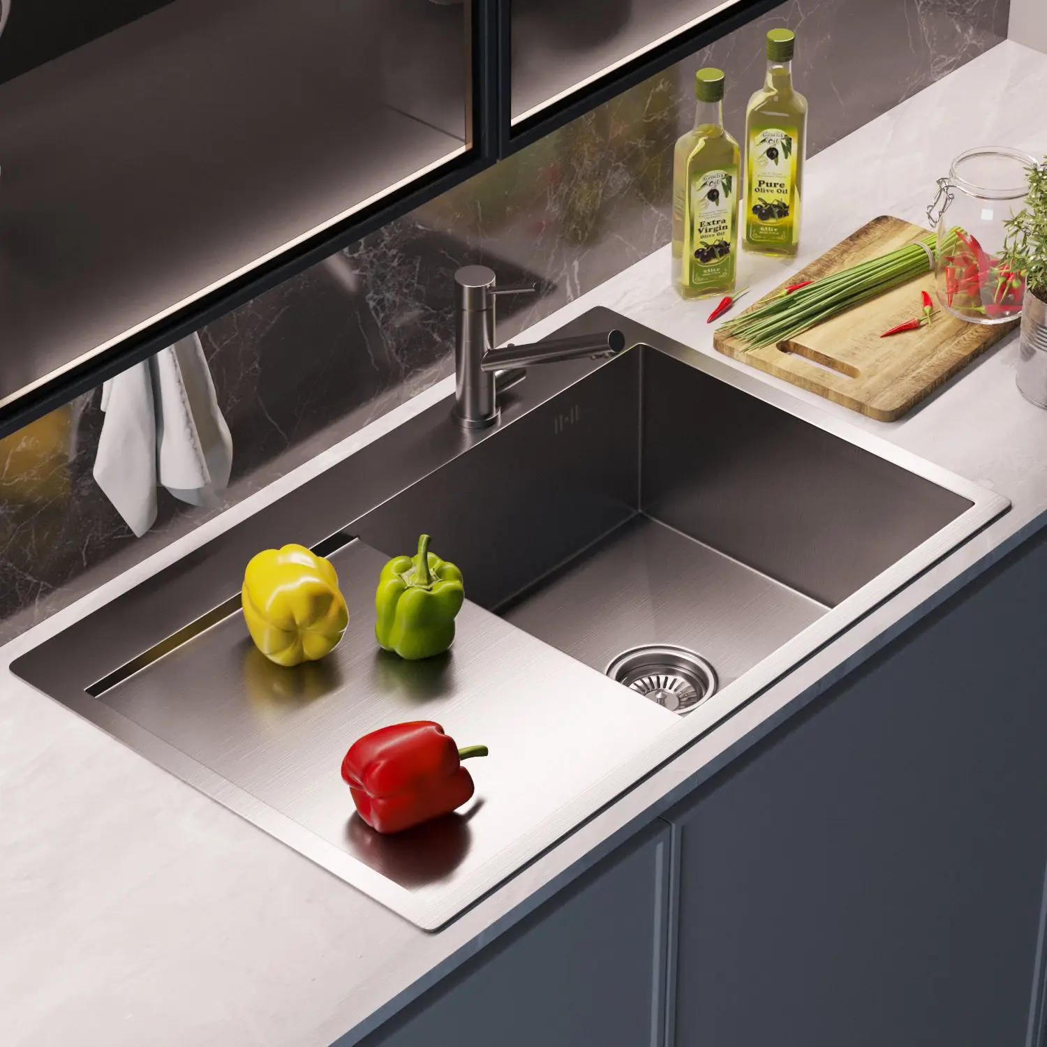 Изображение товара Мойка настольная монтаж 78х50 (3.0) прав. вып 3 1/2 TROPFBERG 20см с сифоном (сатин)