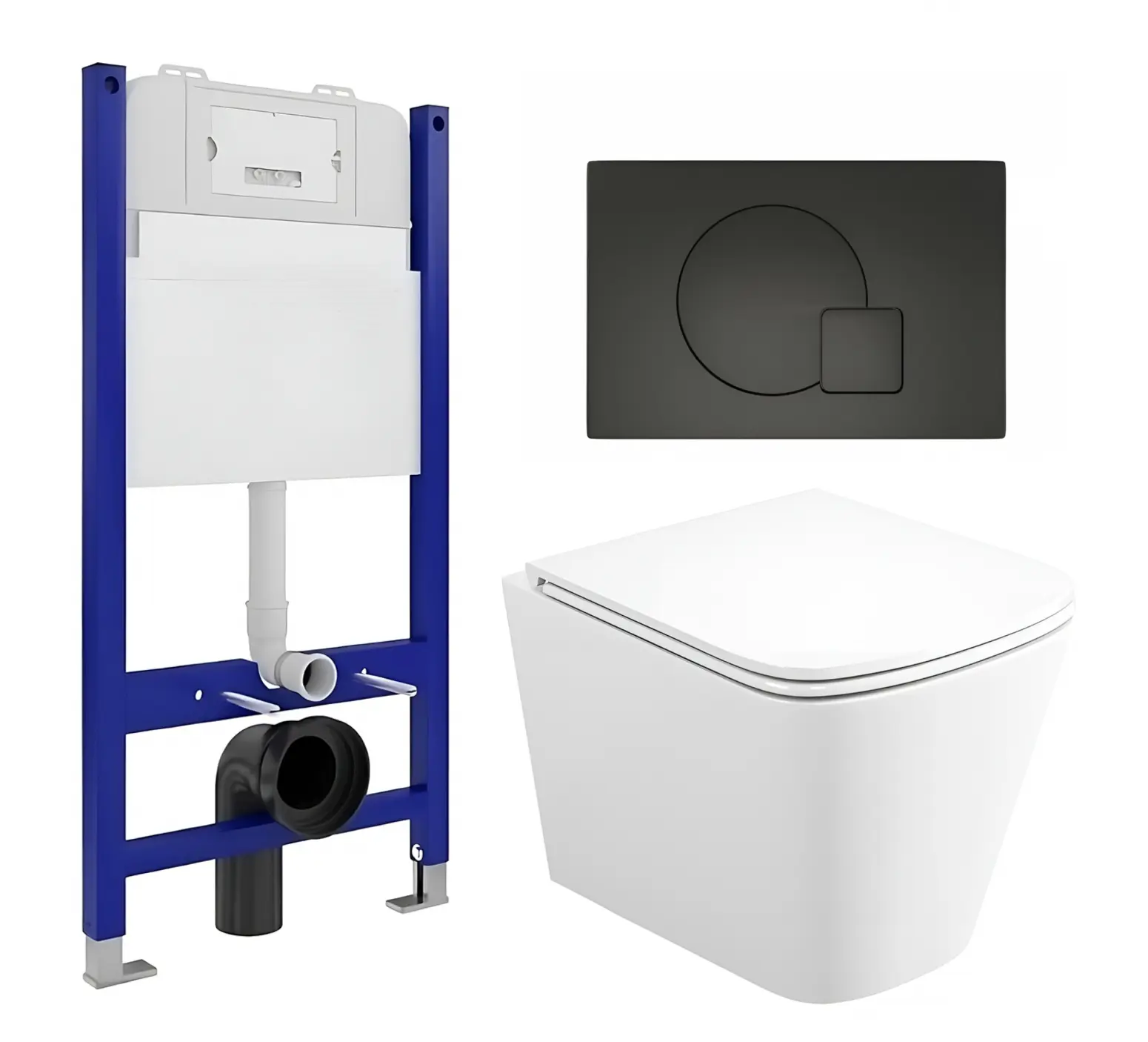 Изображение товара Комплект 3 в 1 инсталляция Enio Tecnico 50 Унитаз подвесной Binario прямоугольный кнопка черная матовая