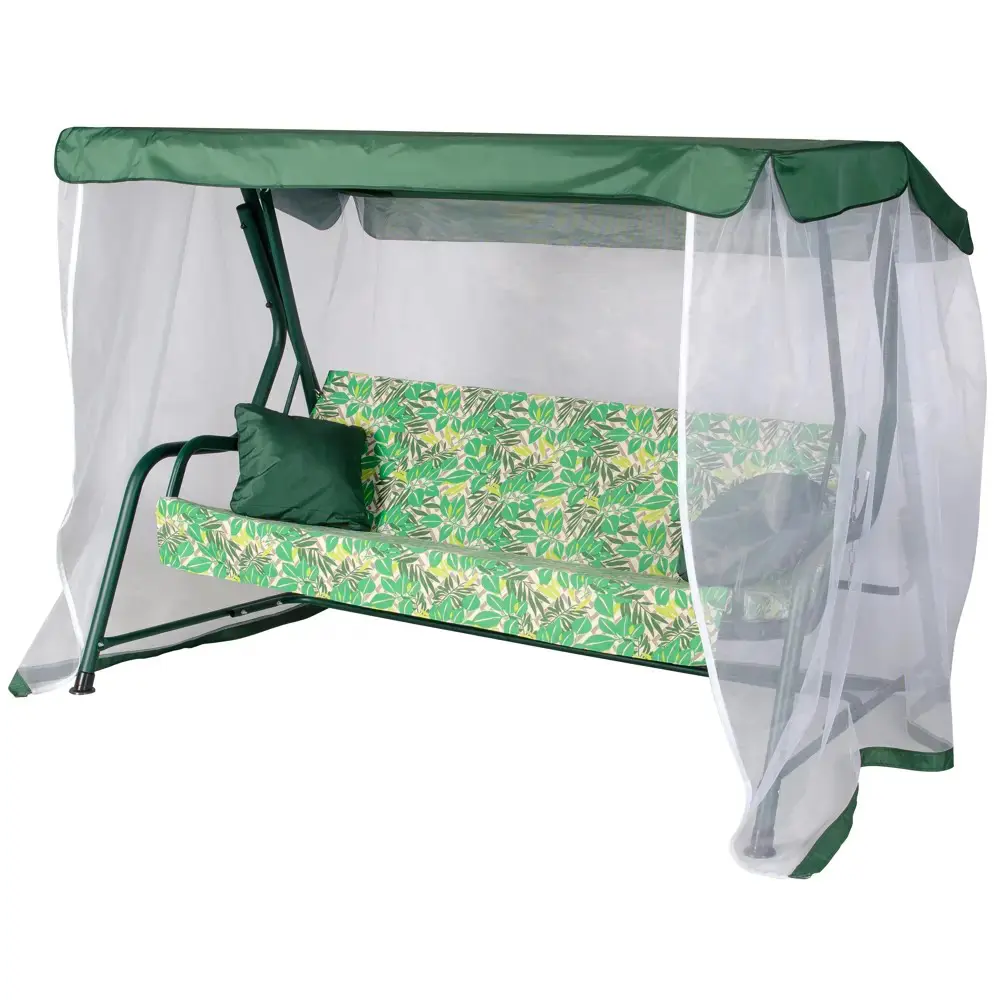 Изображение товара Качели садовые Панама 3-х местные с тентом и подушками, стальной каркас, зеленый