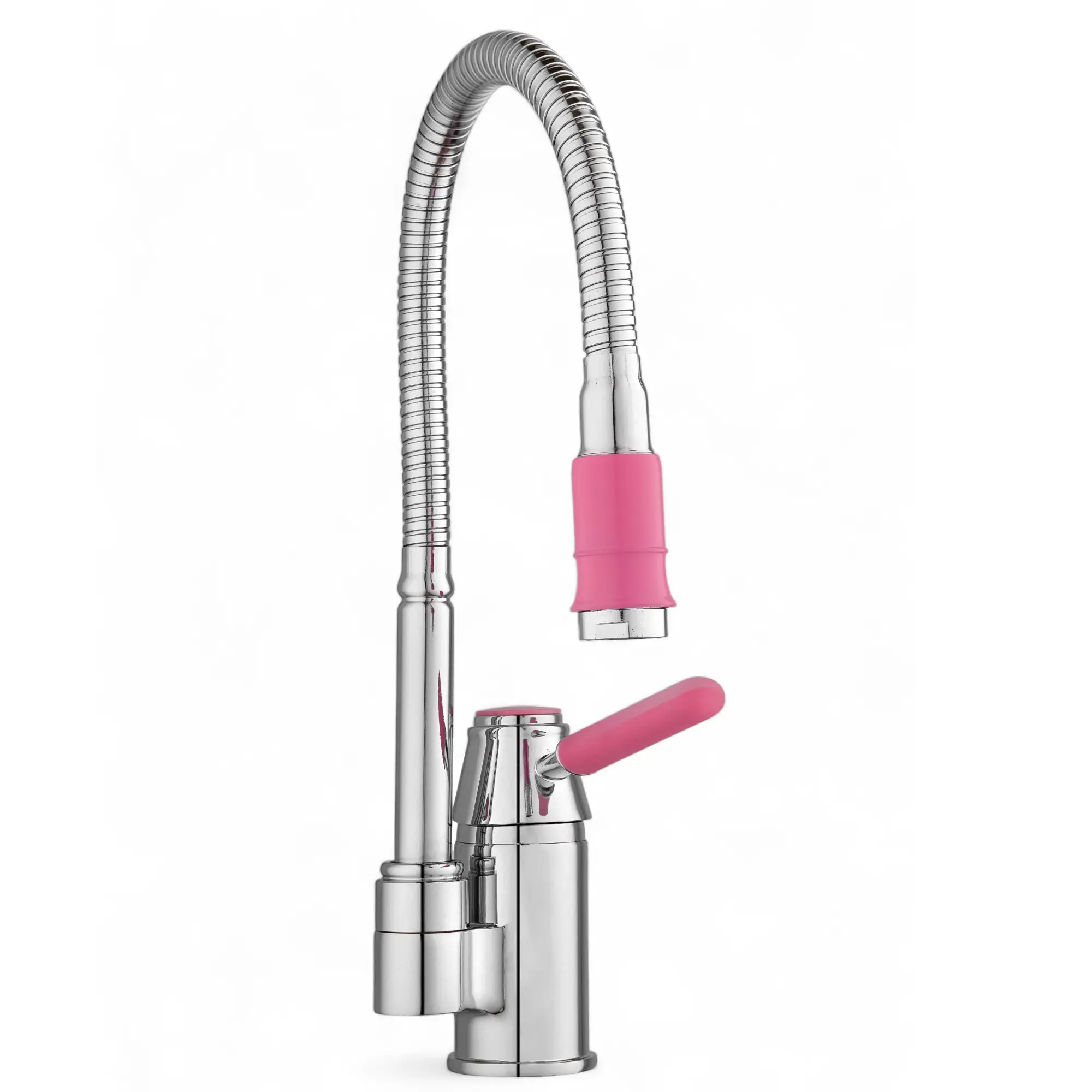 Изображение товара Смеситель для кухни с гибким армированным изливом хромированный с розовой ручкой и аэратором