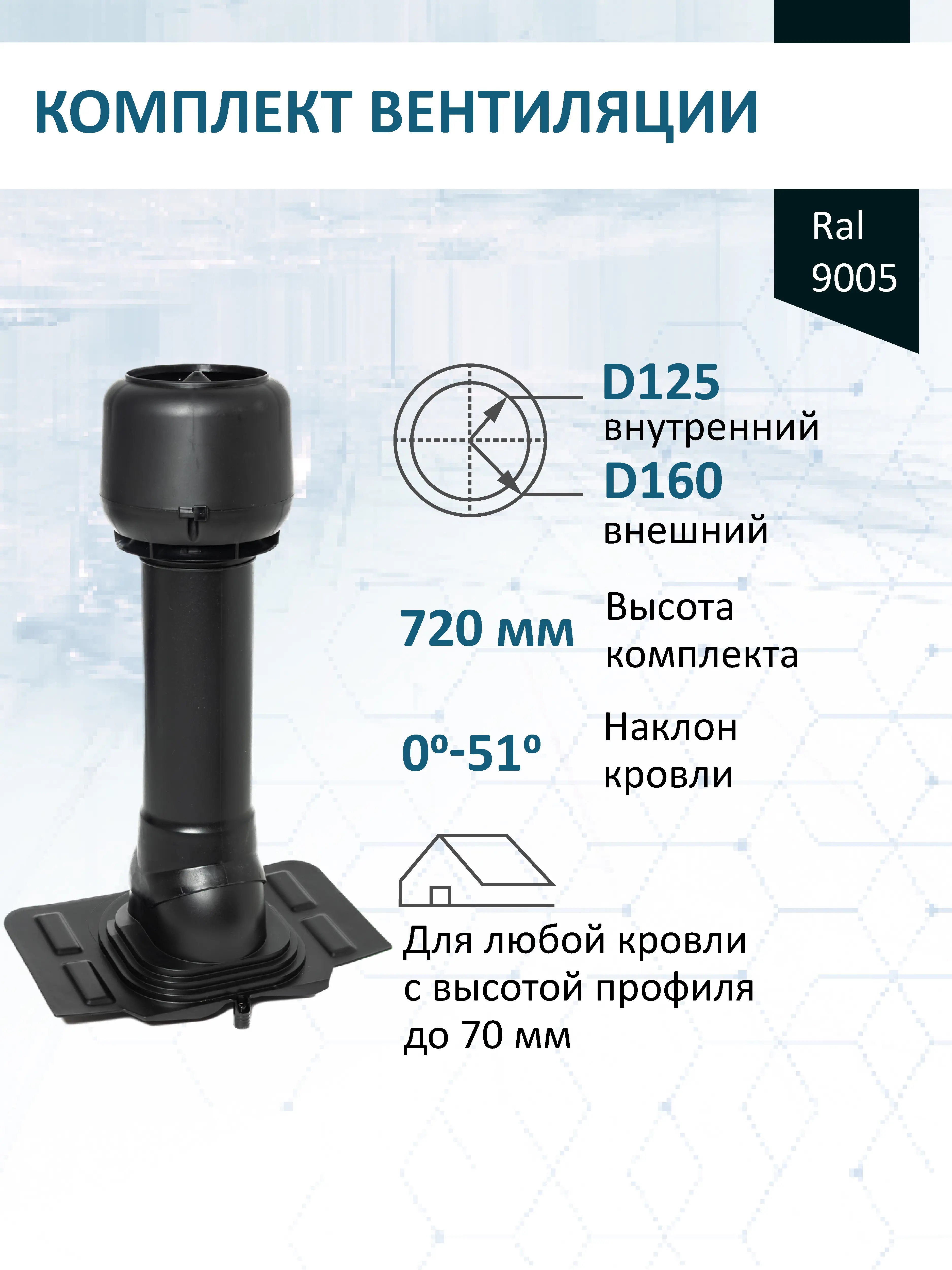 Изображение товара Комплект кровельной вентиляции Татполимер (Вентиляционный выход ⌀125/160мм c колпаком) универсальный RAL9005